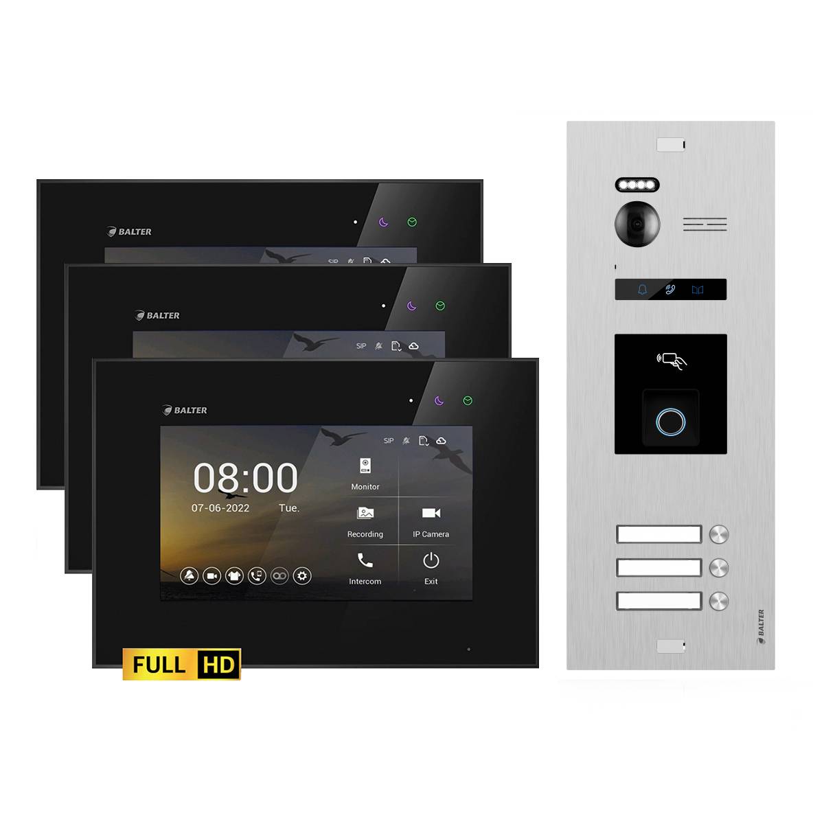 BALTER EVO-HD Video Türsprechanlage Fingerprint 2-Draht Komplett-Set 3-Familie Silber - Schwarz