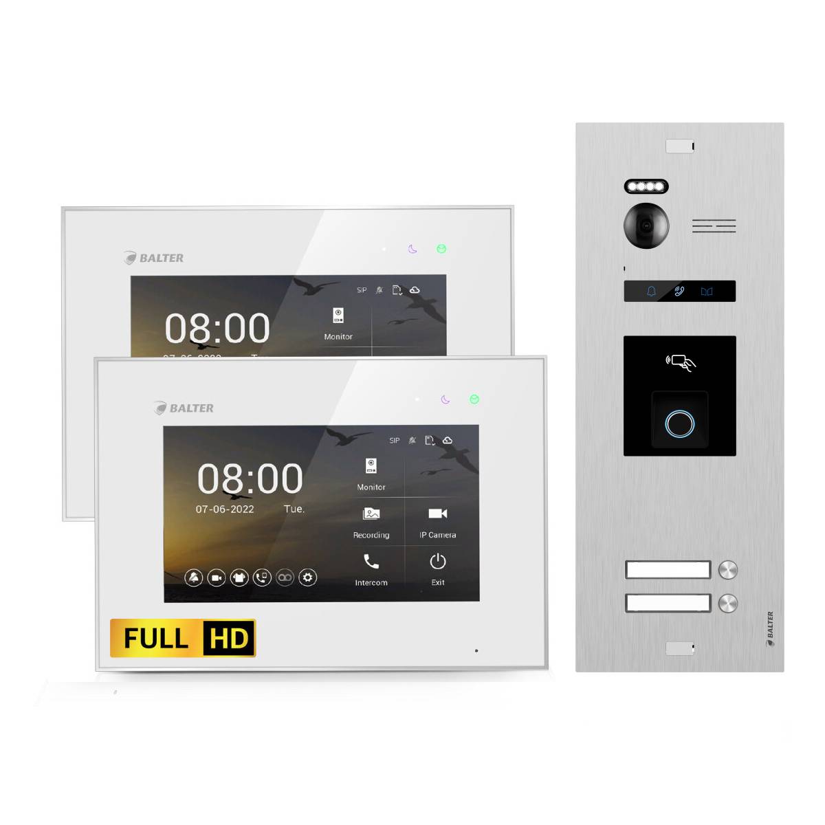 BALTER EVO-HD Video Türsprechanlage Fingerprint 2-Draht Komplett-Set 2-Familie Silber - Weiß