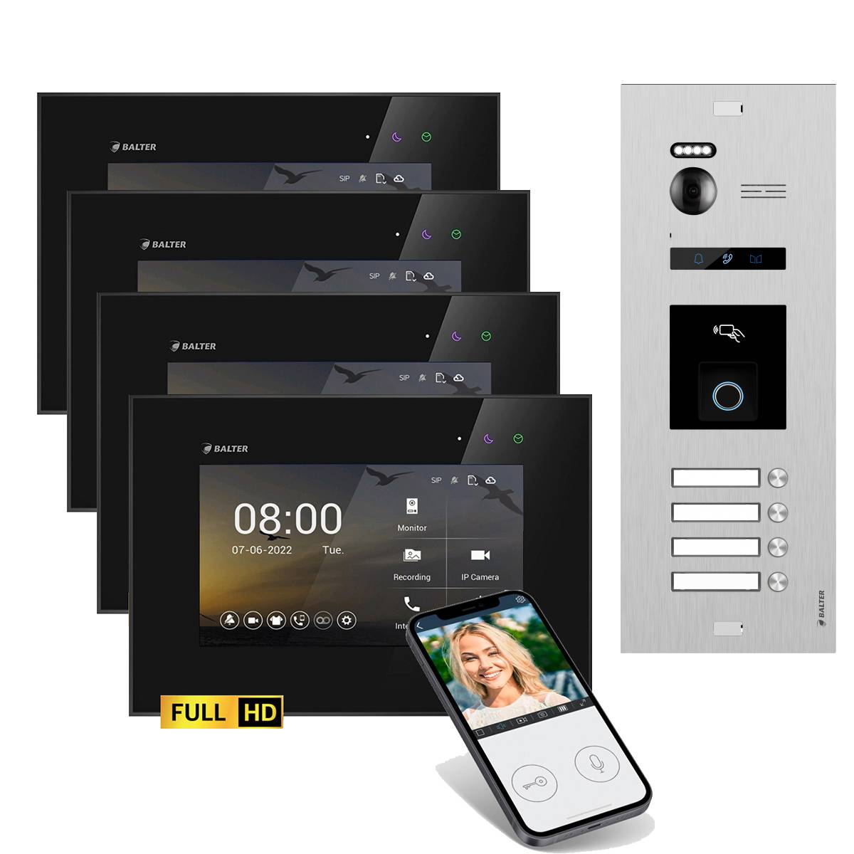 BALTER EVO-HD Video Türsprechanlage Fingerprint 2-Draht Komplett-Set 4-Familie WLAN Monitore Silber - Weiß