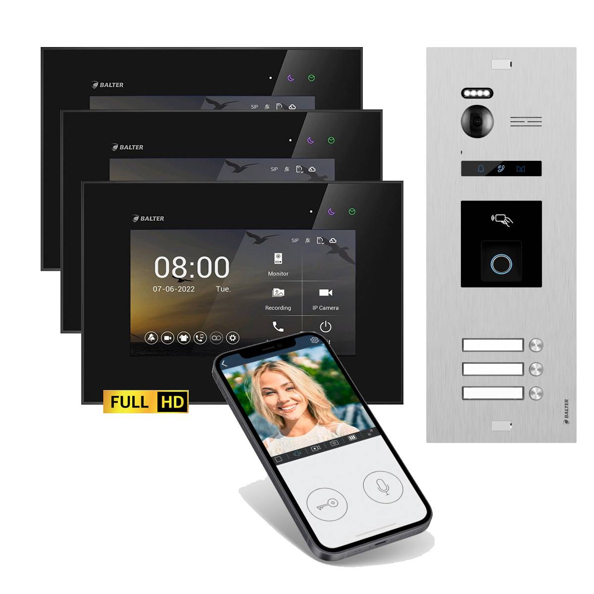 BALTER EVO-HD Video Türsprechanlage Fingerprint 2-Draht Komplett-Set 3-Familie WLAN Monitore Silber - Weiß
