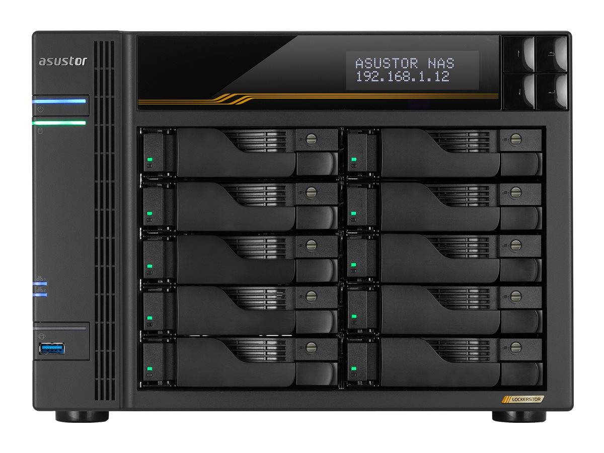 Vorderansicht eines ASUSTOR NAS-Servers mit mehreren Hot-Swap-Laufwerkschächten, vorderen Statusleuchten, USB-Anschluss und Display mit der Anzeige „ASUSTOR NAS 192.168.1.12
