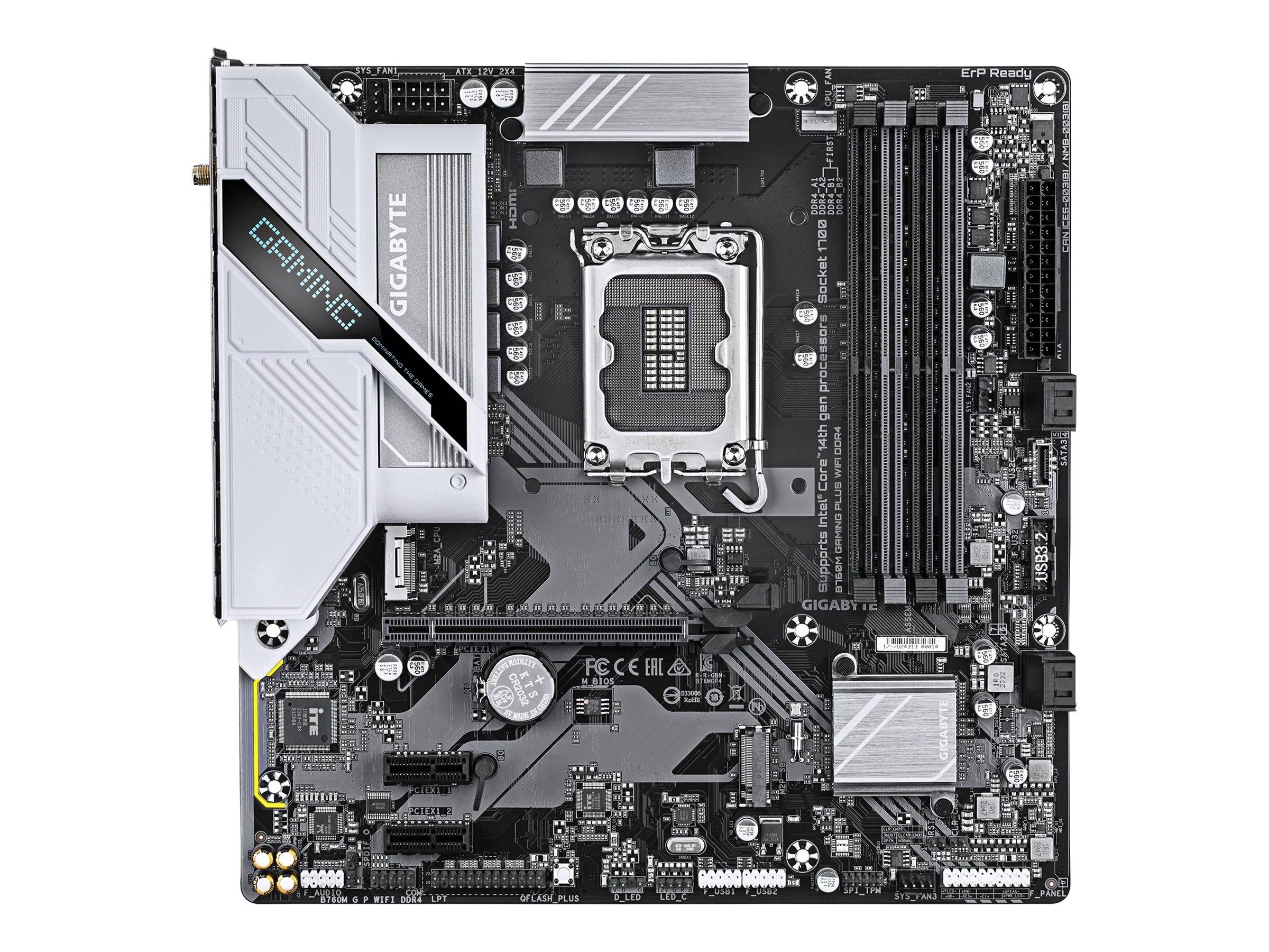 Draufsicht auf ein Gigabyte-Computernetzteil mit CPU-Sockel, RAM-Steckplätzen, Erweiterungssteckplätzen und Kühlkühlkörpern.