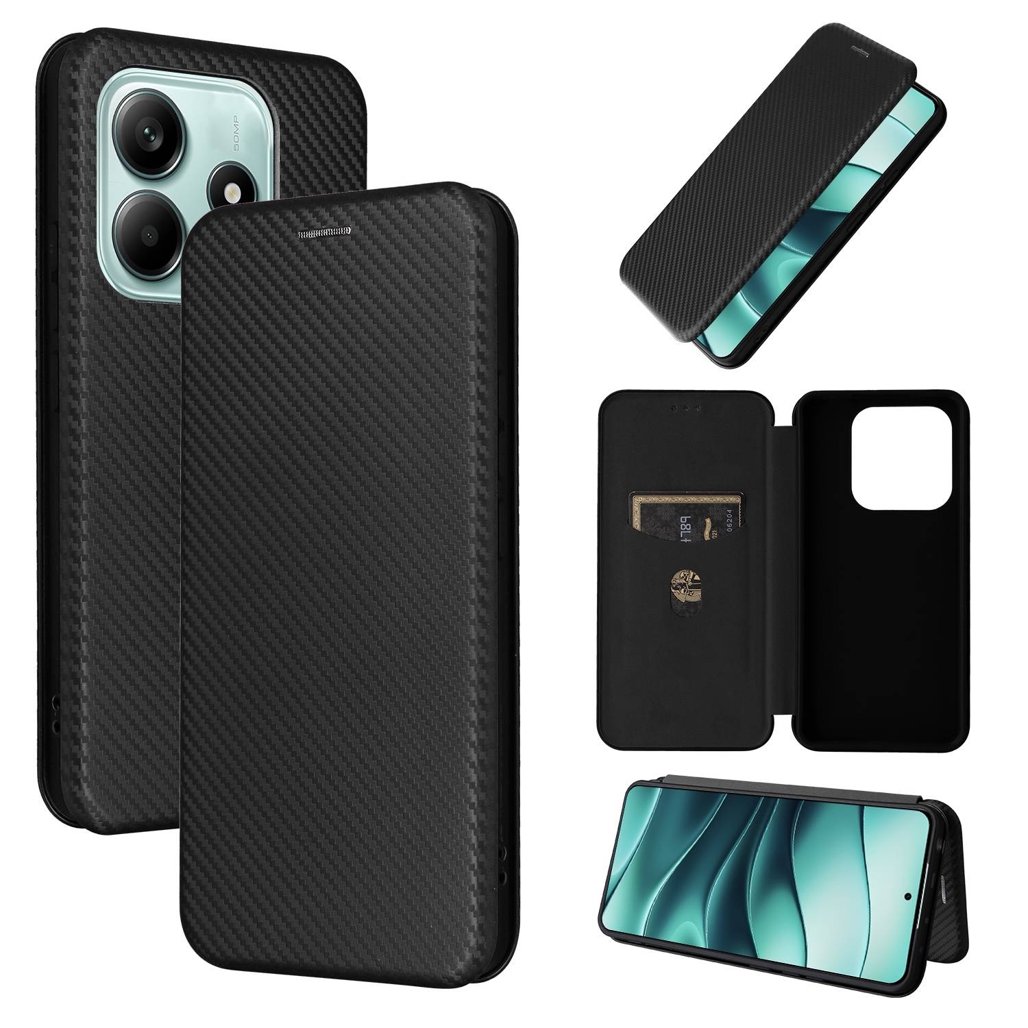 Für Xiaomi Redmi Note 14 4G Carbon Faser Hybrid Flip Design Schutz Hülle Schwarz