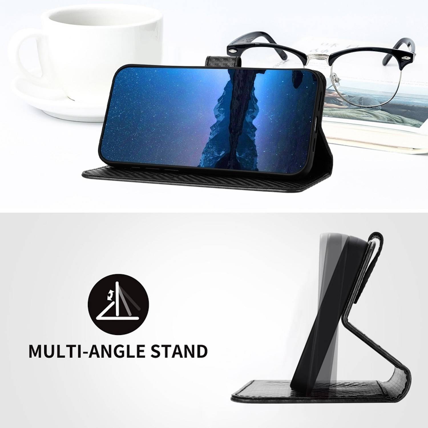 Für Samsung Galaxy S25 Ultra Carbon Fiber Kunstleder Hülle mit Lanyard Schwarz