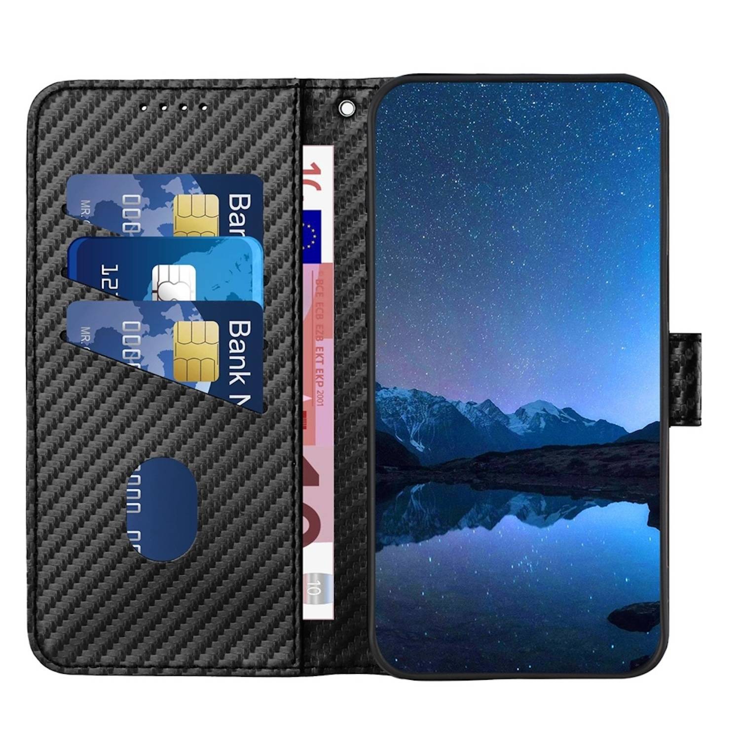 Für Samsung Galaxy S25 Ultra Carbon Fiber Kunstleder Hülle mit Lanyard Schwarz