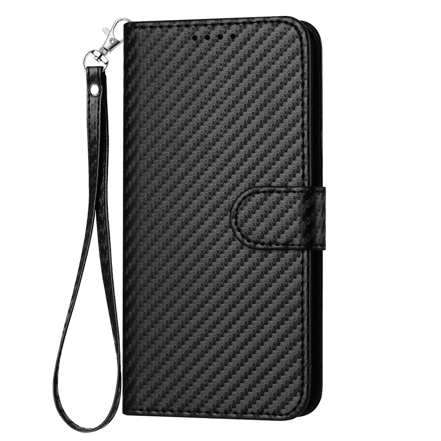 Für Samsung Galaxy S25 Ultra Carbon Fiber Kunstleder Hülle mit Lanyard Schwarz