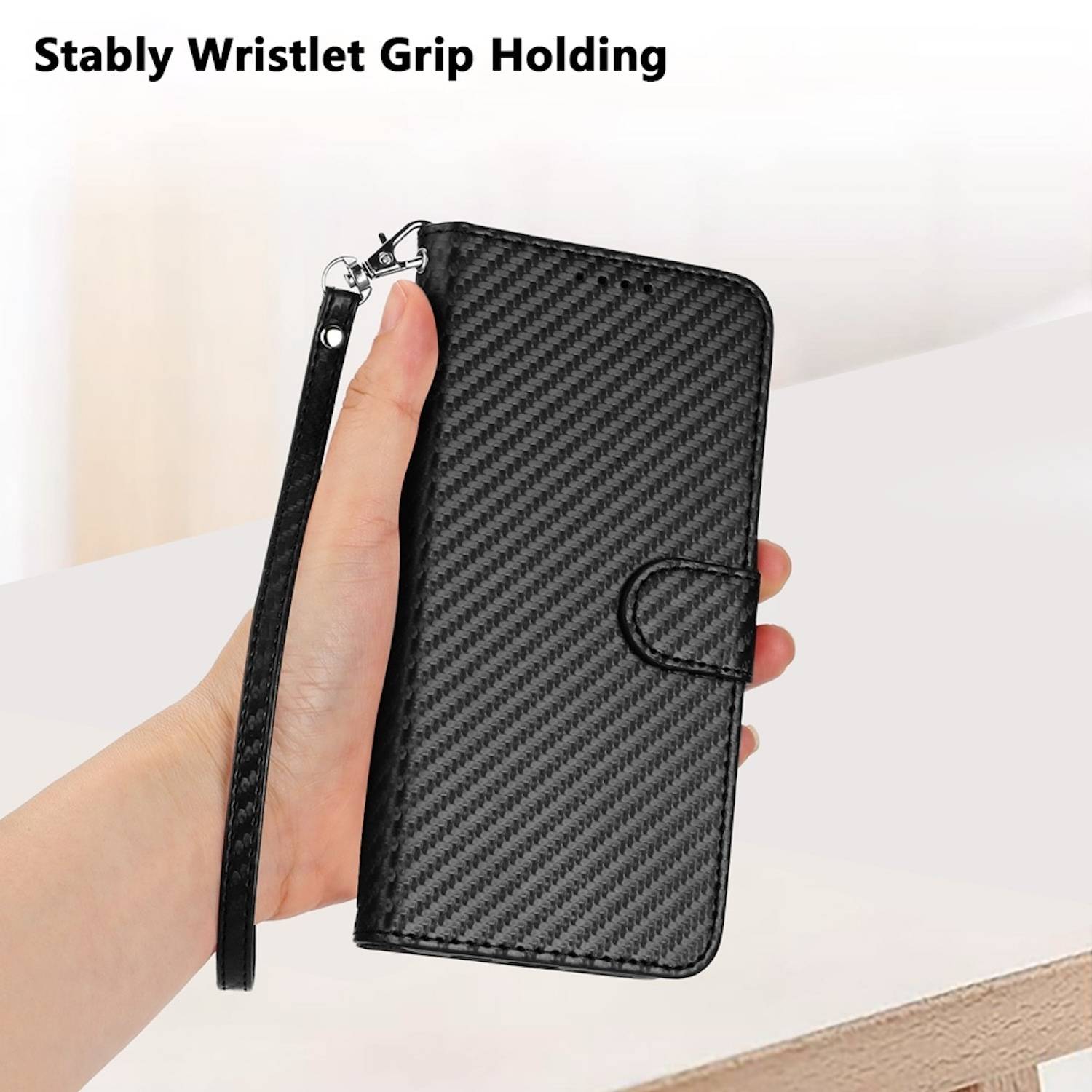 Für Samsung Galaxy S25 Ultra Carbon Fiber Kunstleder Hülle mit Lanyard Schwarz