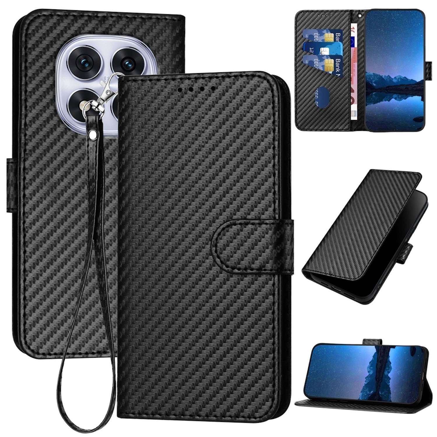 Für Xiaomi Redmi Note 14 Pro 5G Carbon Fiber Kunstleder Hülle Lanyard Schwarz