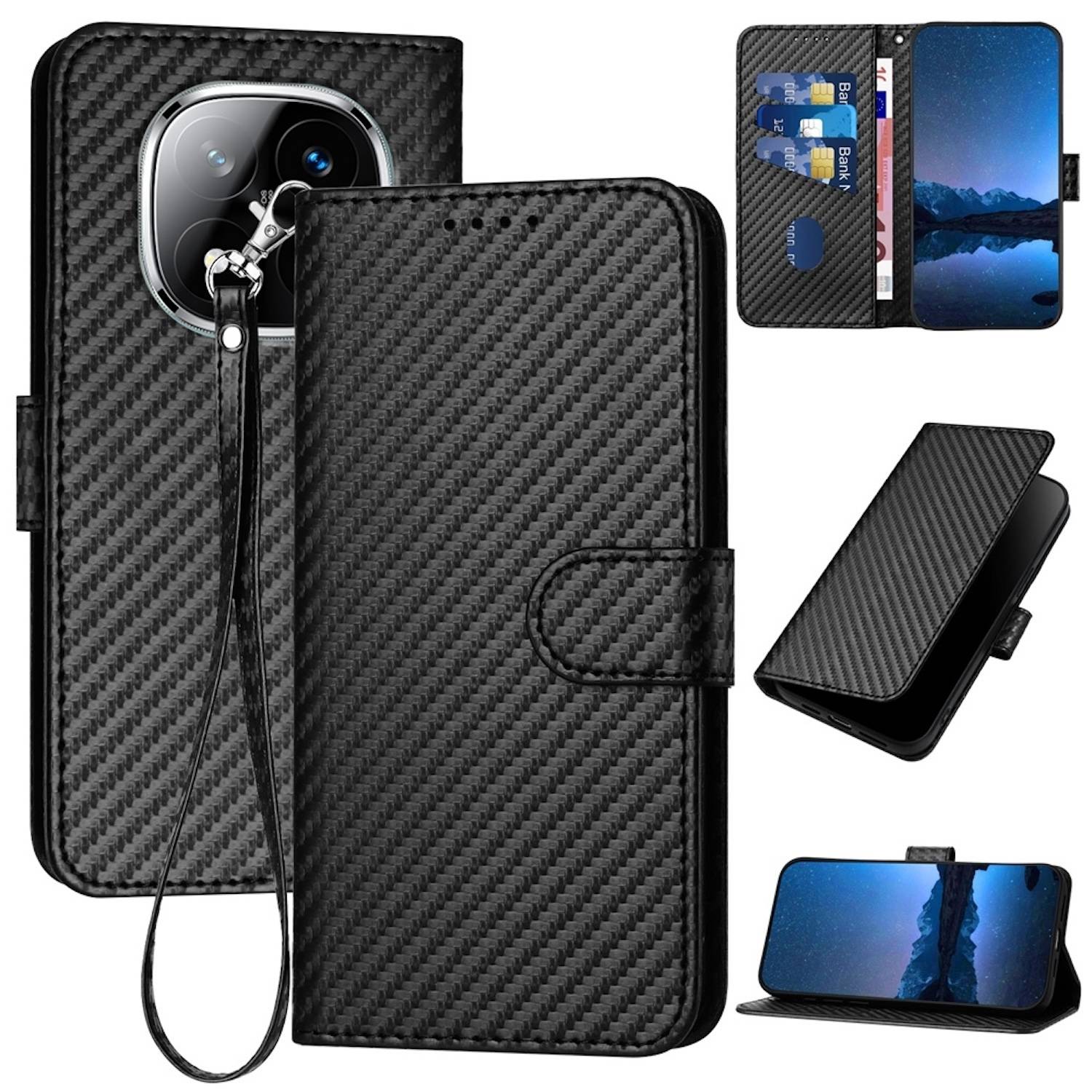 Für Xiaomi Redmi Note 14 Pro Plus 5G Carbon Fiber Kunstleder Hülle Lanyard Black