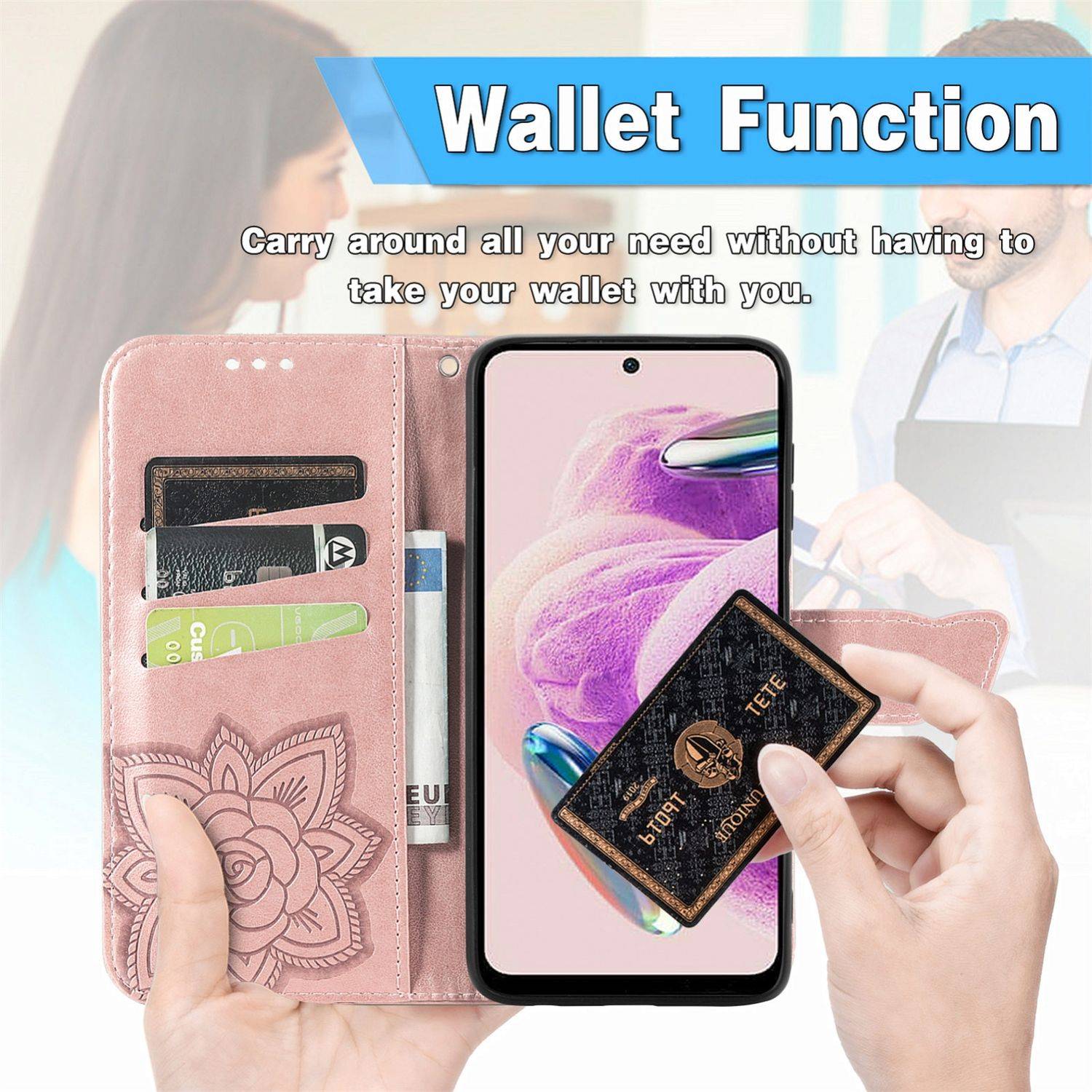 Für Xiaomi Redmi Note 14 Pro 5G Kunstleder Wallet Handy Tasche Schmetterling Design Hülle Etuis Schwarz