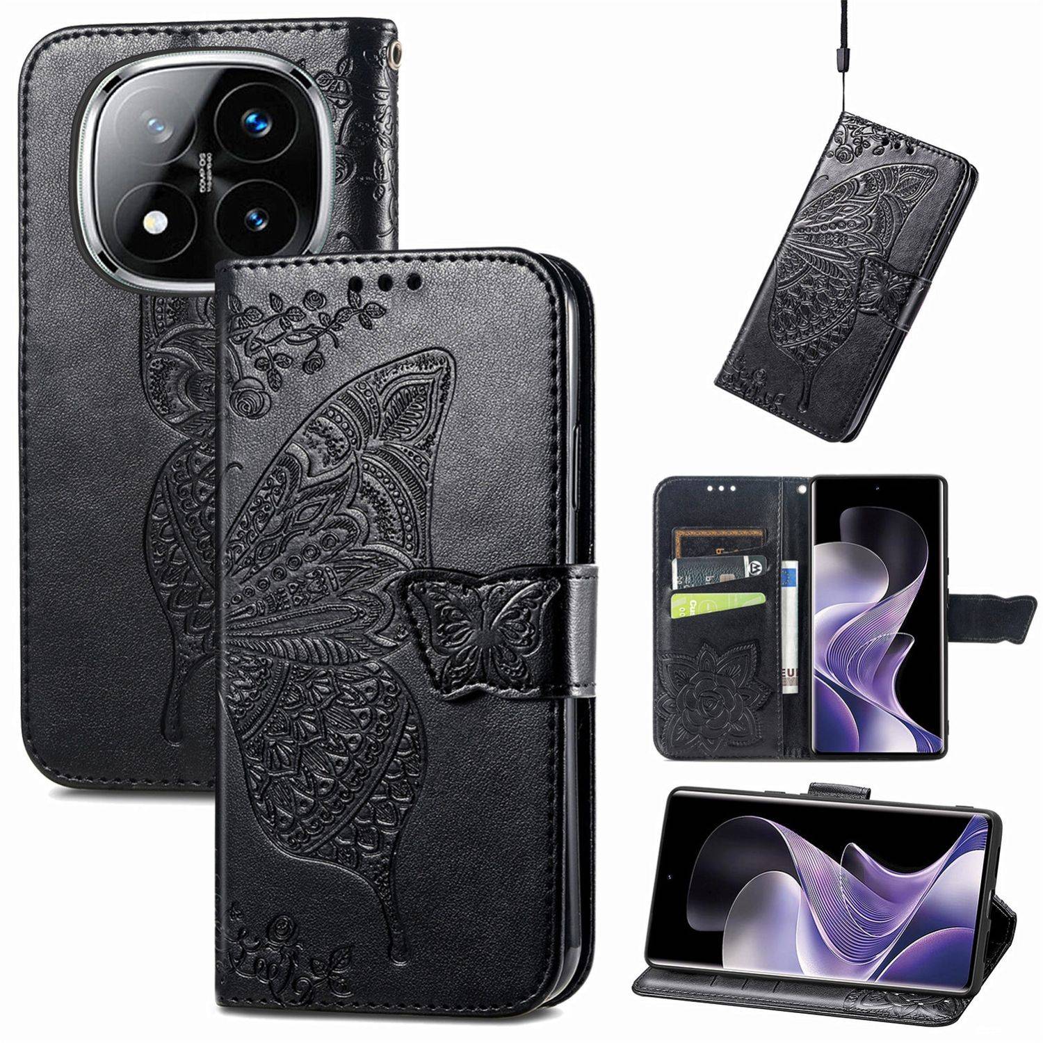 Für Xiaomi Redmi Note 14 Pro 5G Kunstleder Wallet Handy Tasche Schmetterling Design Hülle Etuis Schwarz