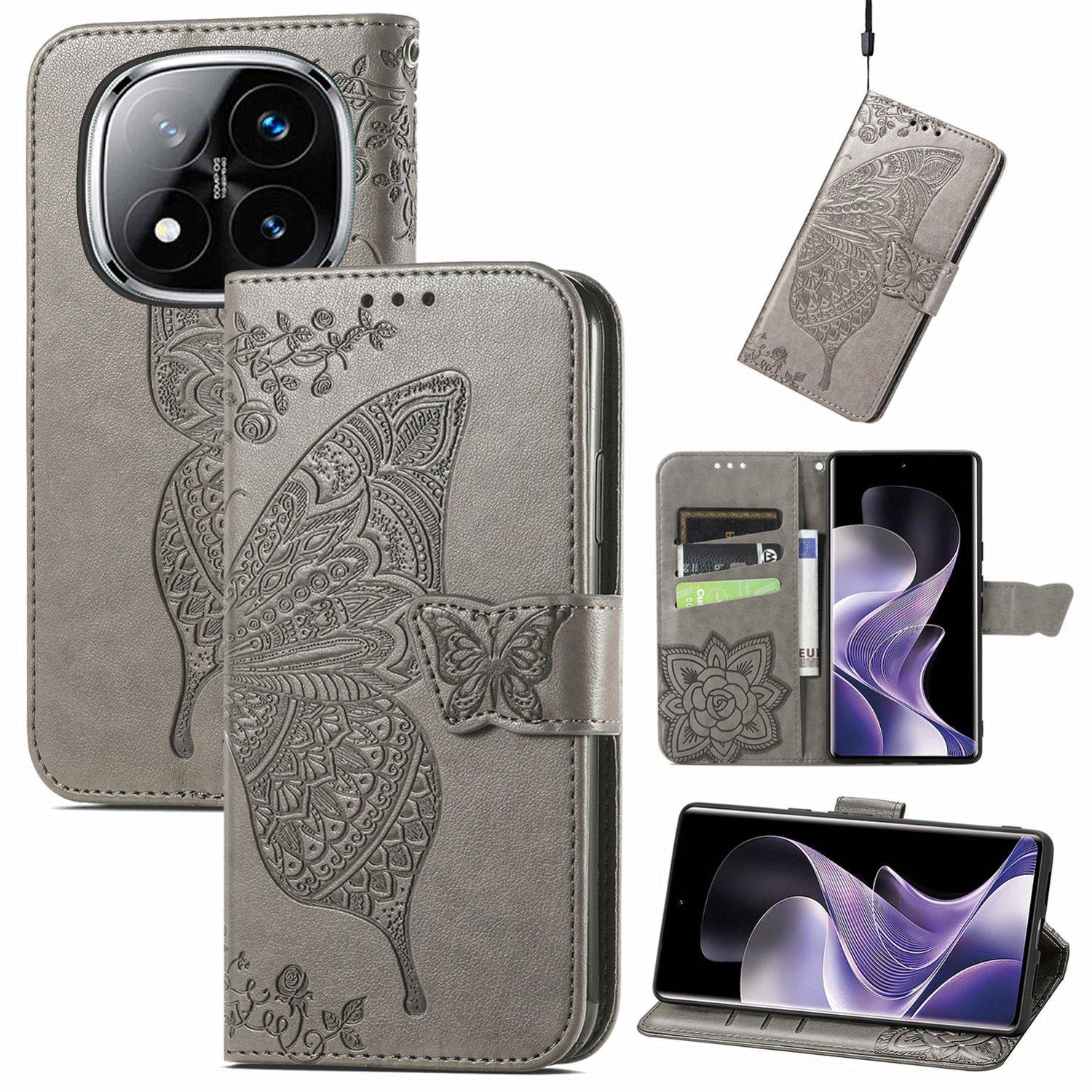 Für Xiaomi Redmi Note 14 Pro 5G Kunstleder Wallet Handy Tasche Schmetterling Design Hülle Etuis Grau