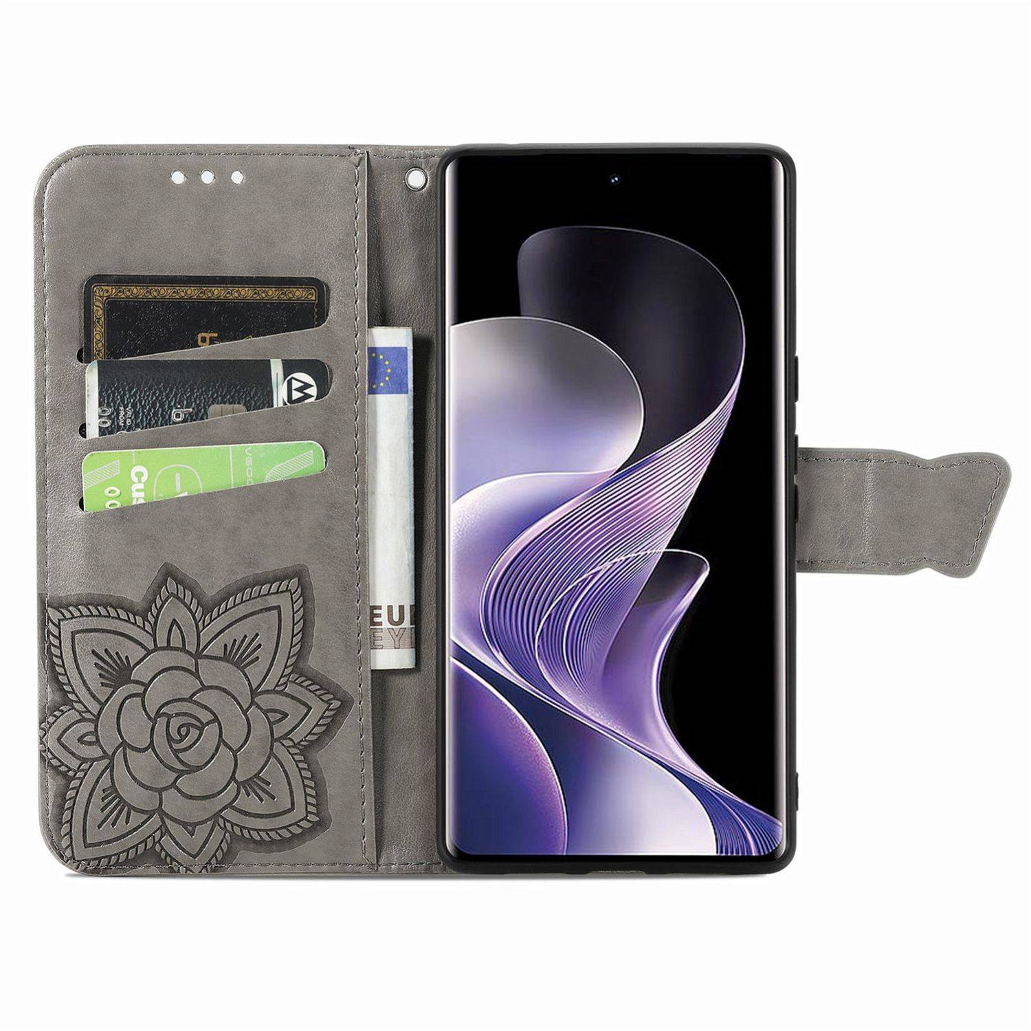 Für Xiaomi Redmi Note 14 Pro 5G Kunstleder Wallet Handy Tasche Schmetterling Design Hülle Etuis Grau