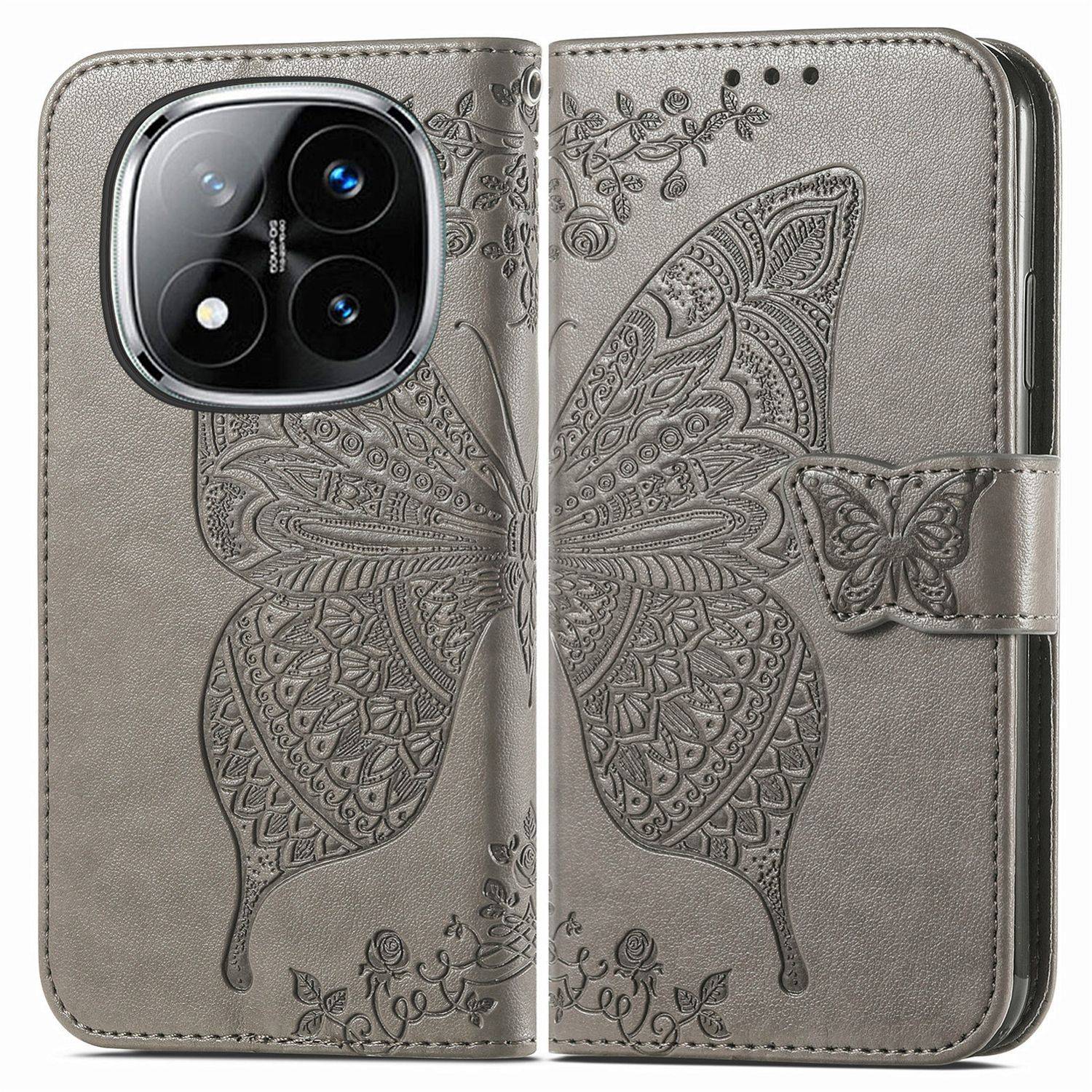 Für Xiaomi Redmi Note 14 Pro 5G Kunstleder Wallet Handy Tasche Schmetterling Design Hülle Etuis Grau