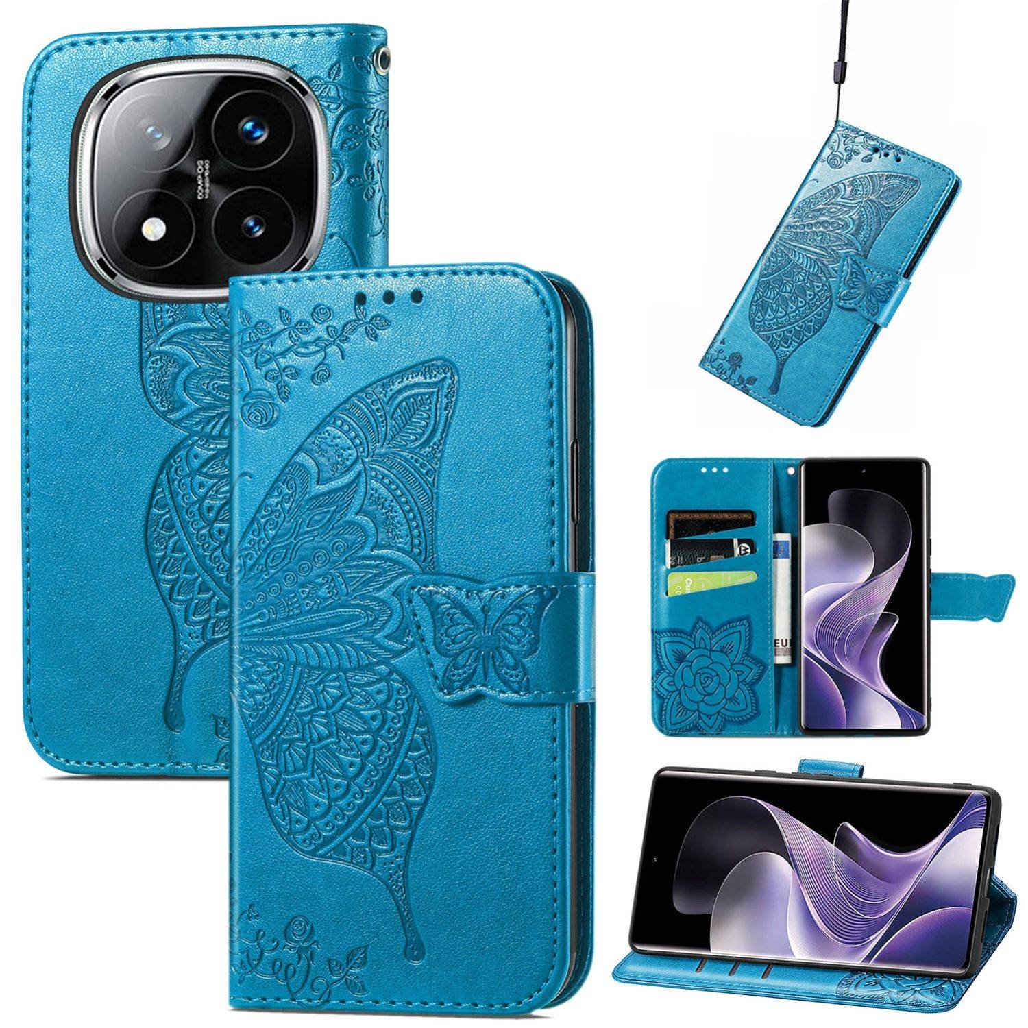 Für Xiaomi Redmi Note 14 Pro Plus 5G Kunstleder Wallet Handy Tasche Schmetterling Design Hülle Etuis Blau