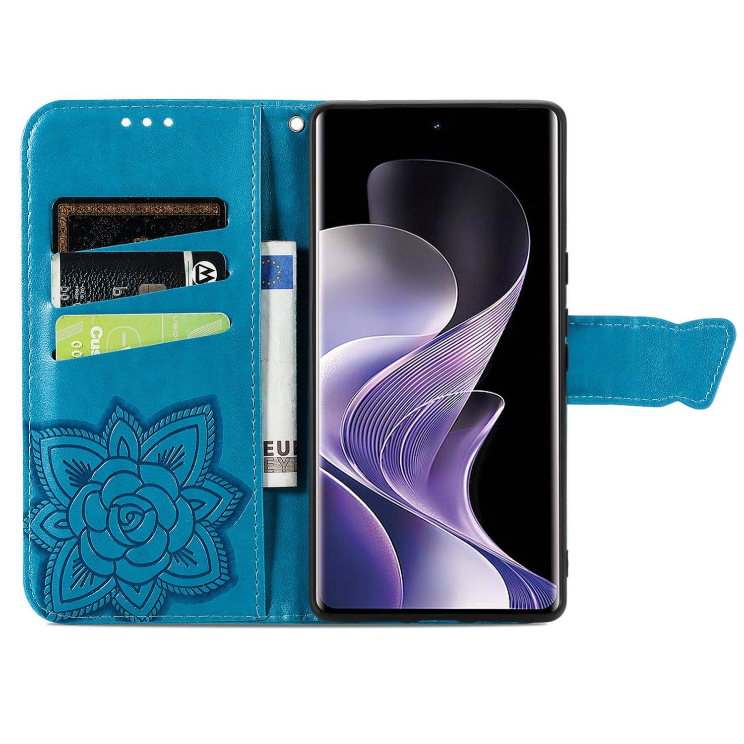 Für Xiaomi Redmi Note 14 Pro Plus 5G Kunstleder Wallet Handy Tasche Schmetterling Design Hülle Etuis Blau