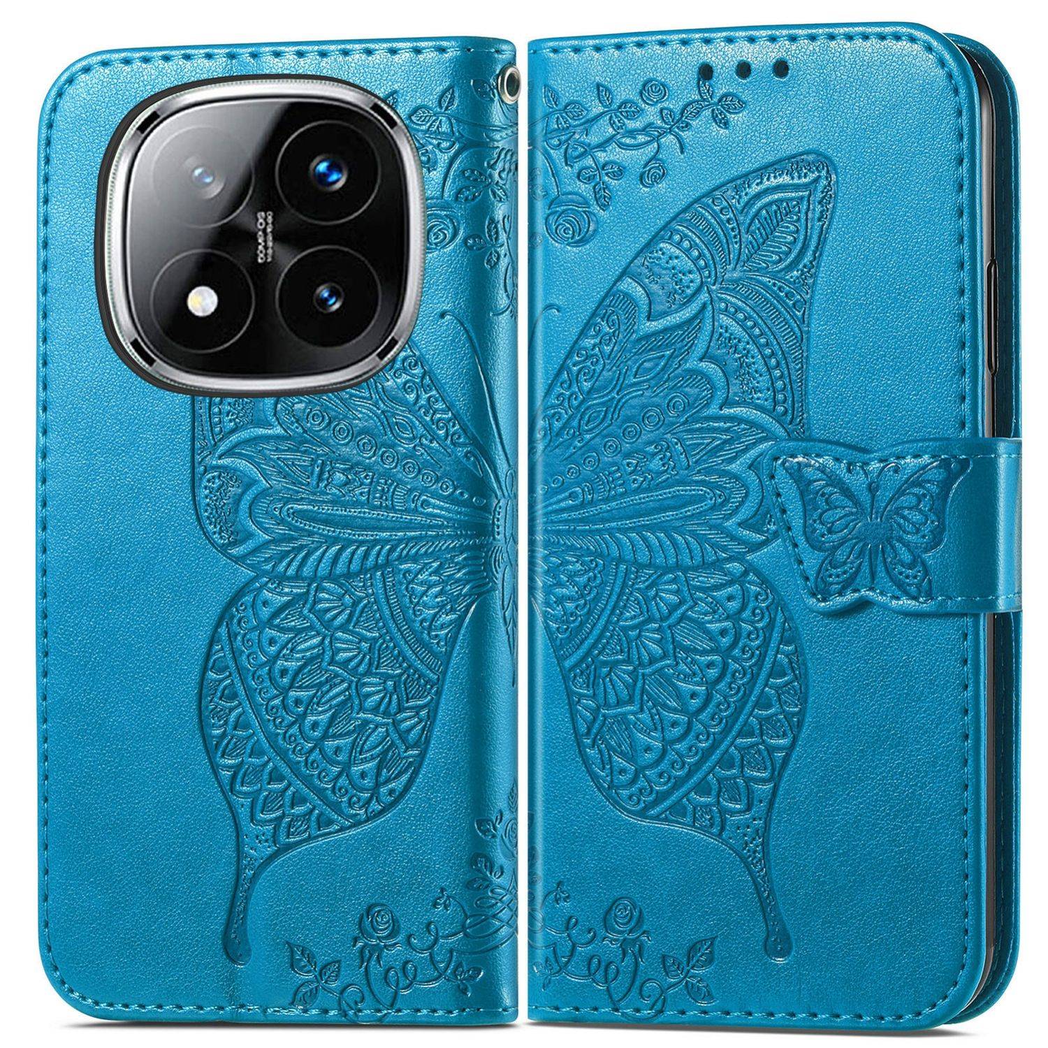 Für Xiaomi Redmi Note 14 Pro Plus 5G Kunstleder Wallet Handy Tasche Schmetterling Design Hülle Etuis Blau