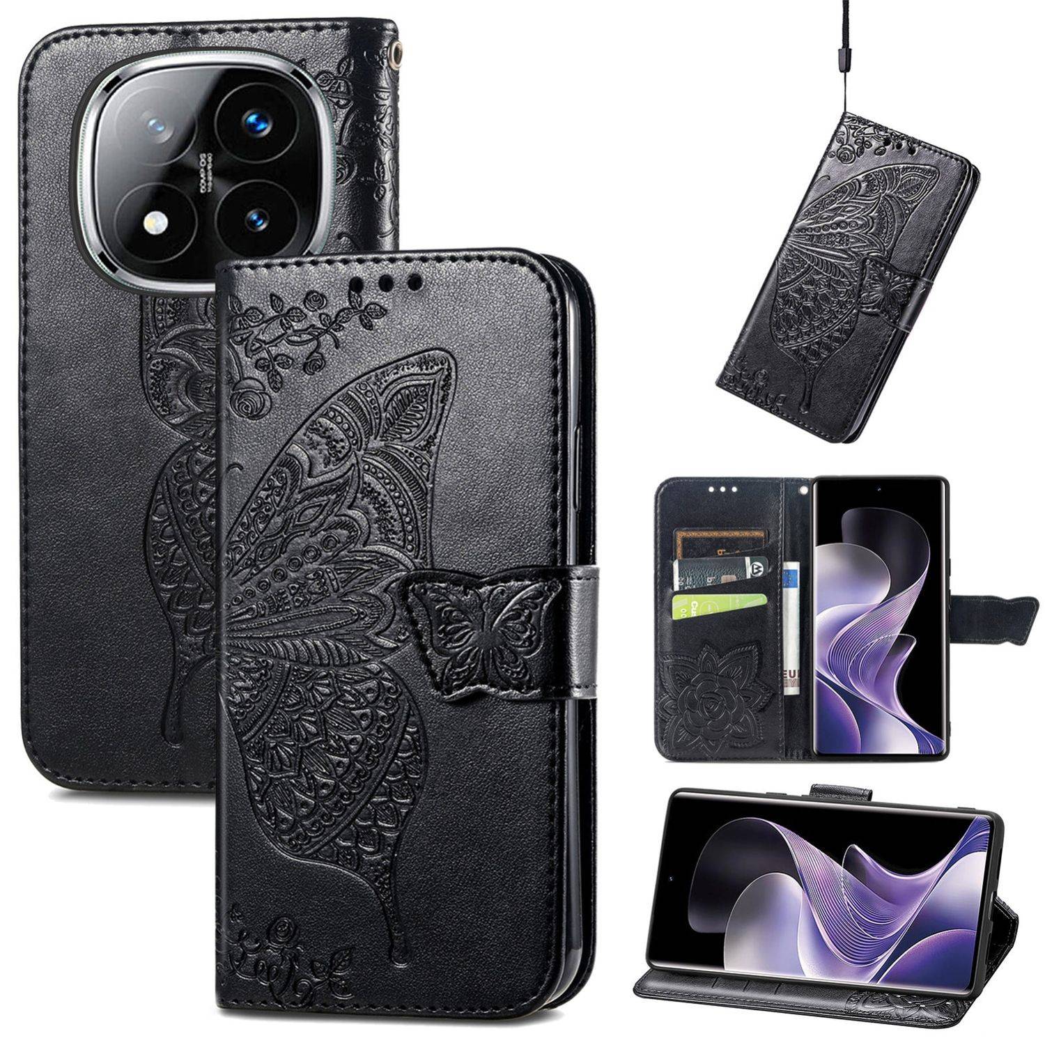 Für Xiaomi Redmi Note 14 Pro Plus 5G Kunstleder Wallet Handy Tasche Schmetterling Design Hülle Etuis Schwarz