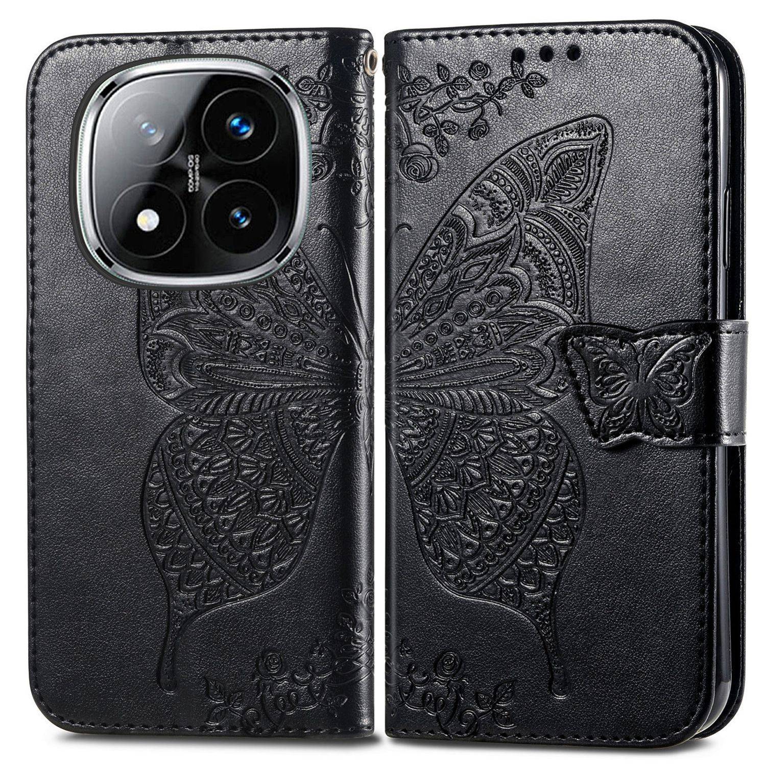 Für Xiaomi Redmi Note 14 Pro Plus 5G Kunstleder Wallet Handy Tasche Schmetterling Design Hülle Etuis Schwarz