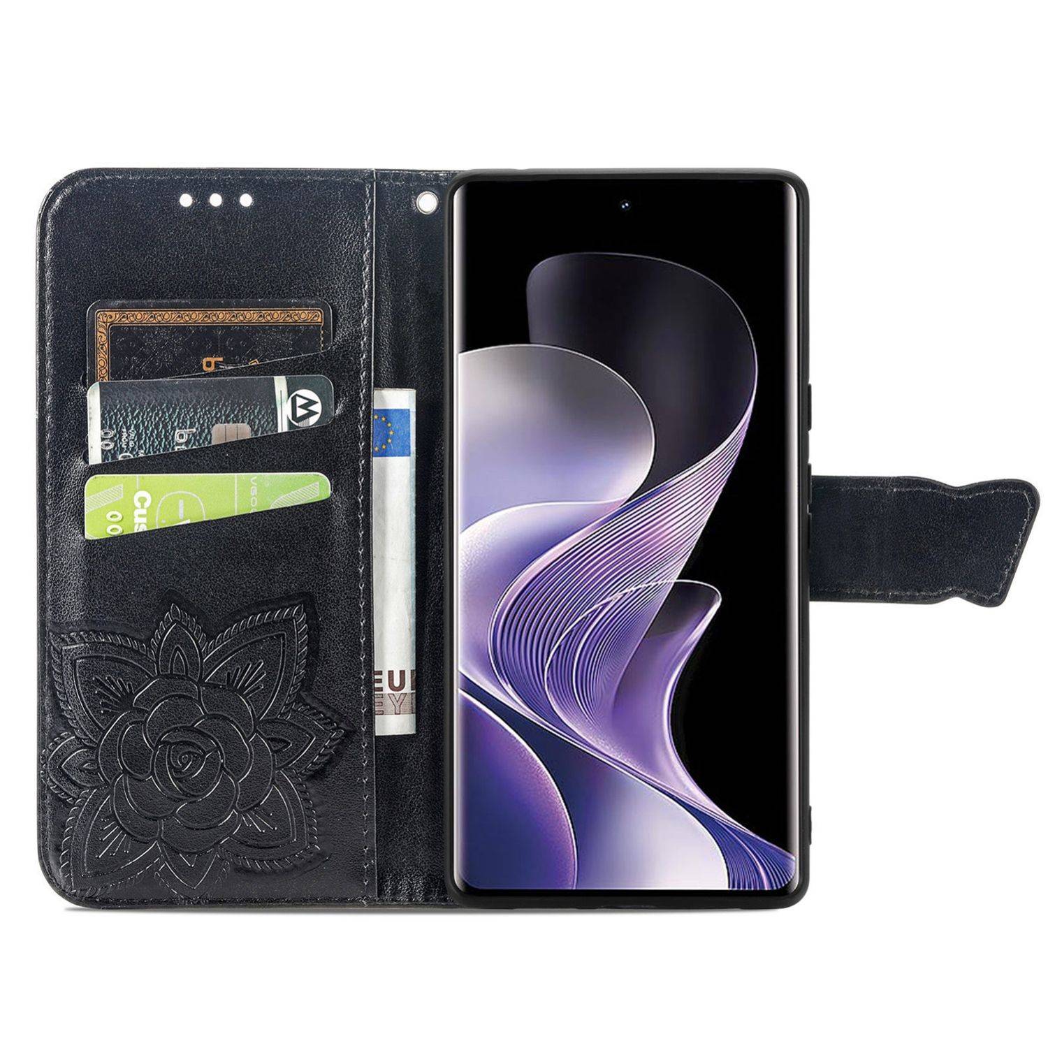 Für Xiaomi Redmi Note 14 Pro Plus 5G Kunstleder Wallet Handy Tasche Schmetterling Design Hülle Etuis Schwarz