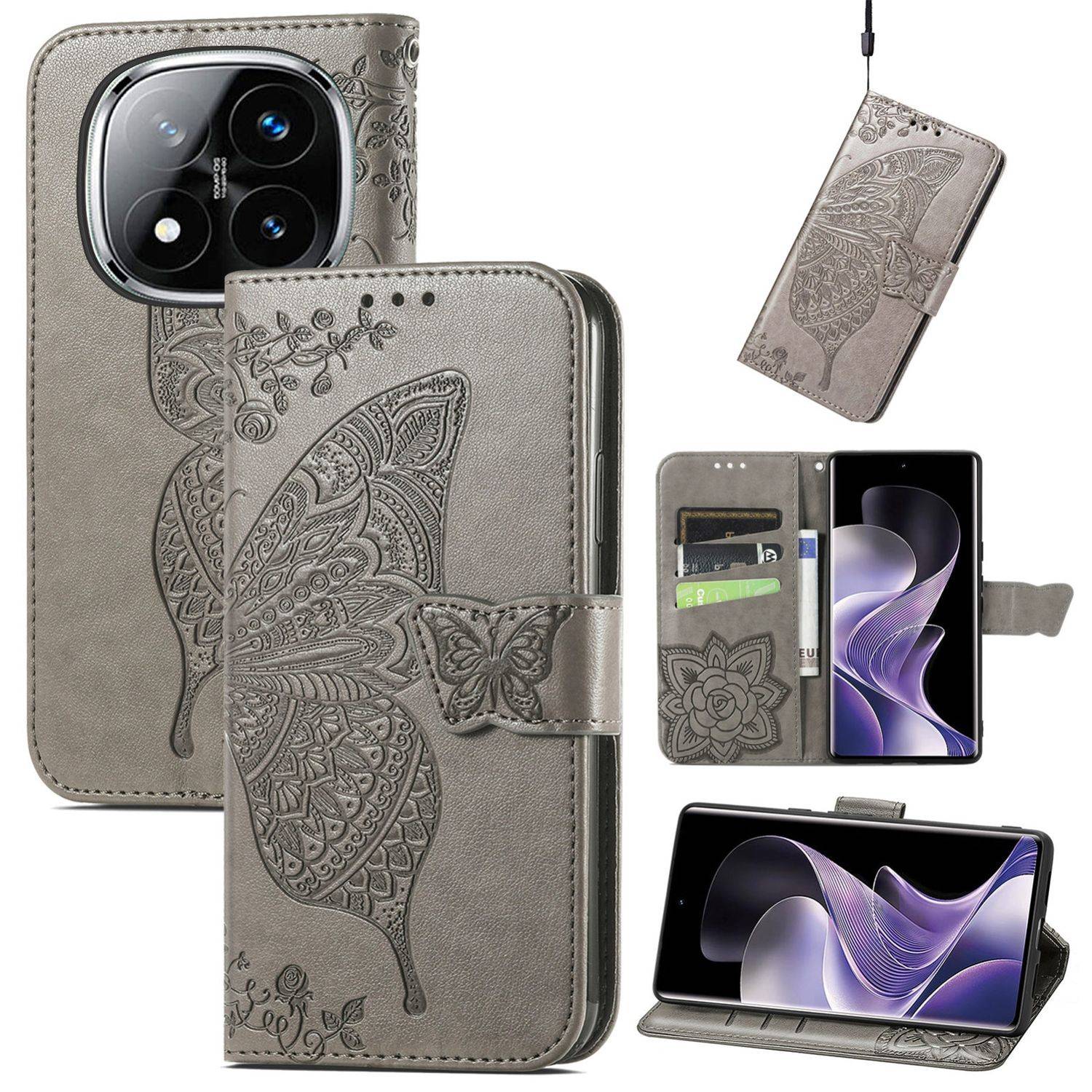 Für Xiaomi Redmi Note 14 Pro Plus 5G Kunstleder Wallet Handy Tasche Schmetterling Design Hülle Etuis Grau