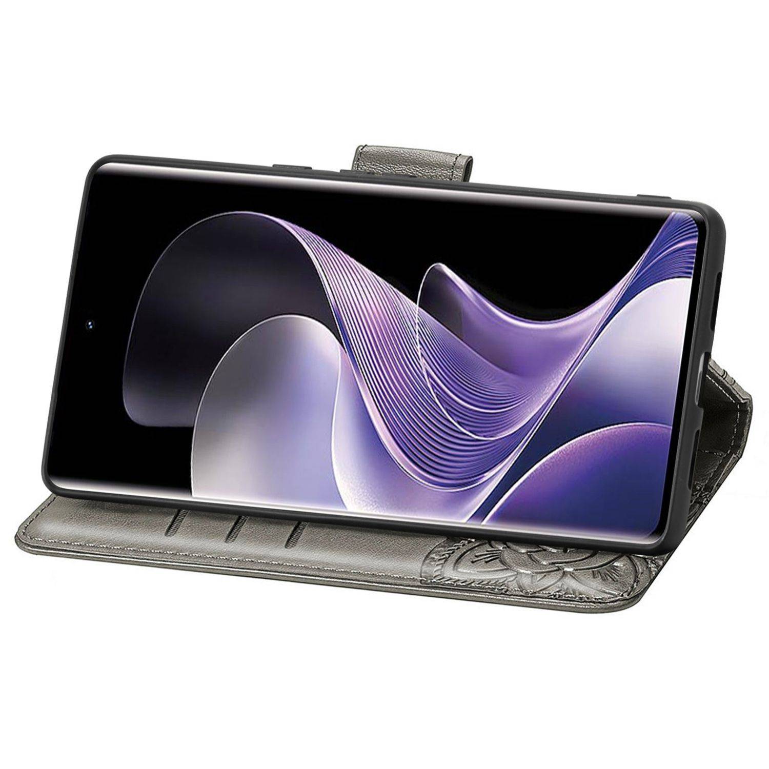 Für Xiaomi Redmi Note 14 Pro Plus 5G Kunstleder Wallet Handy Tasche Schmetterling Design Hülle Etuis Grau