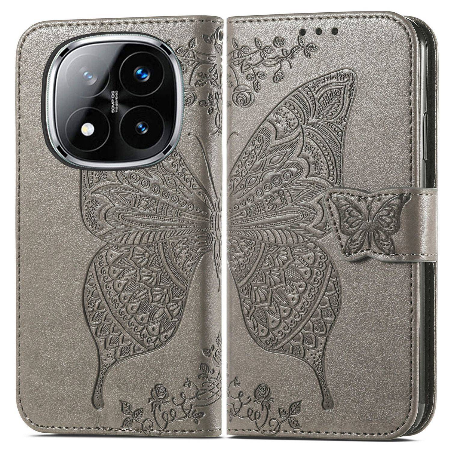 Für Xiaomi Redmi Note 14 Pro Plus 5G Kunstleder Wallet Handy Tasche Schmetterling Design Hülle Etuis Grau