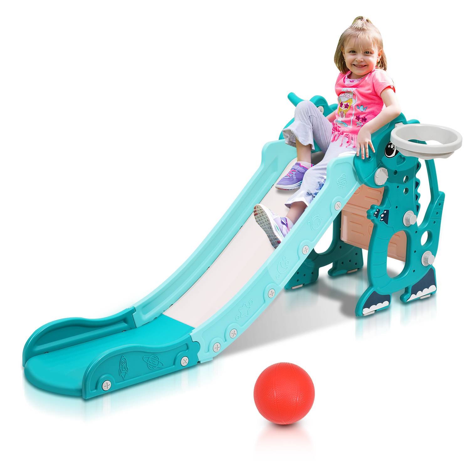 Kinderrutsche Baby 145 cm Gartenrutsche 4 in 1 Rutsche Rutschbahn Basketbal1 Grün