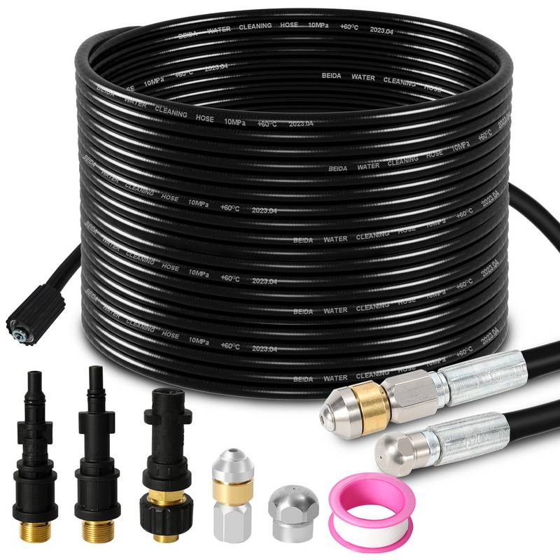 Hochdruckschlauch Rohrreinigungsschlauch, 20m, 160 bar, kompatibel mit Kärcher, K2, K3, K4, K5, K6, inkl. Adapter, Düsen starr + rotierend