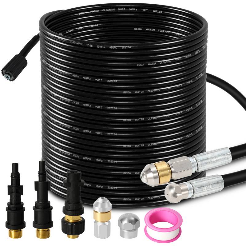 Hochdruckschlauch Rohrreinigungsschlauch, 30m, 160 bar, kompatibel mit Kärcher, K2, K3, K4, K5, K6, inkl. Adapter, Düsen starr + rotierend