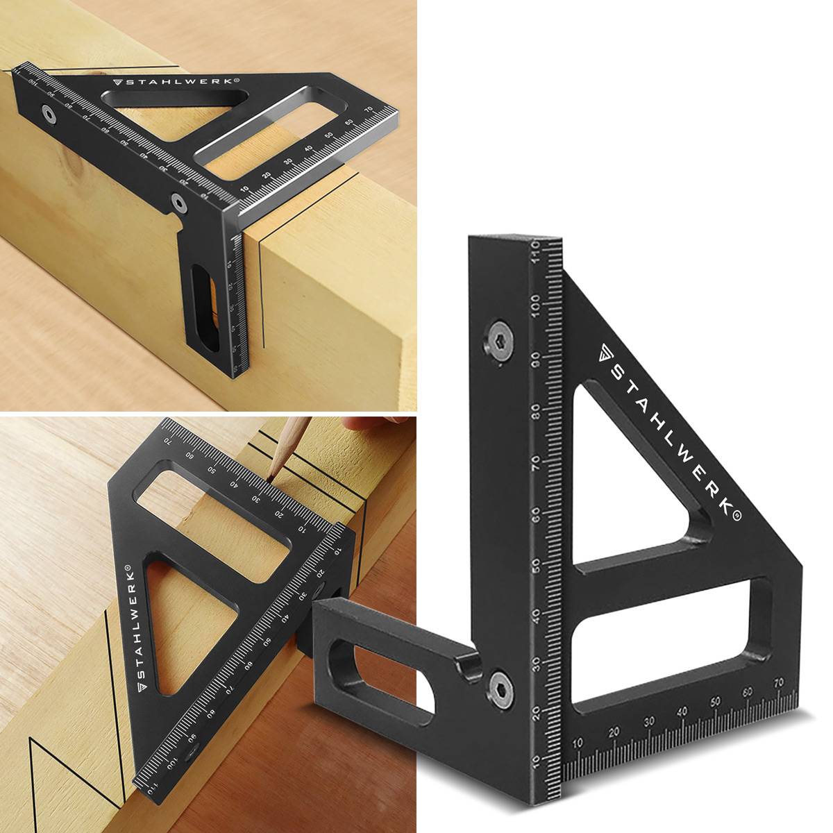 STAHLWERK Gehrungswinkel mit Anschlag 3D-Winkel Gehrungsdreieck Aluminium-Winkel