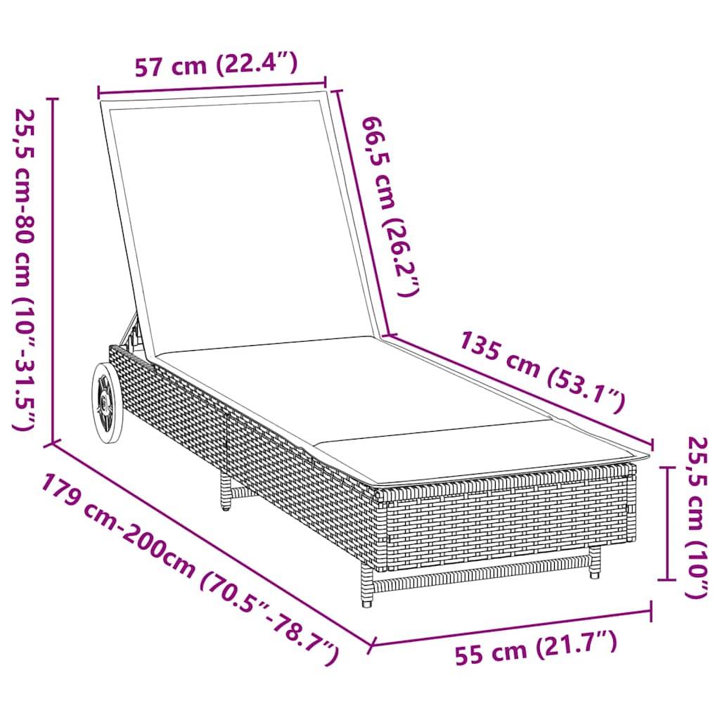 vidaXL Sonnenliege mit Rollen und Auflage Braun Poly Rattan