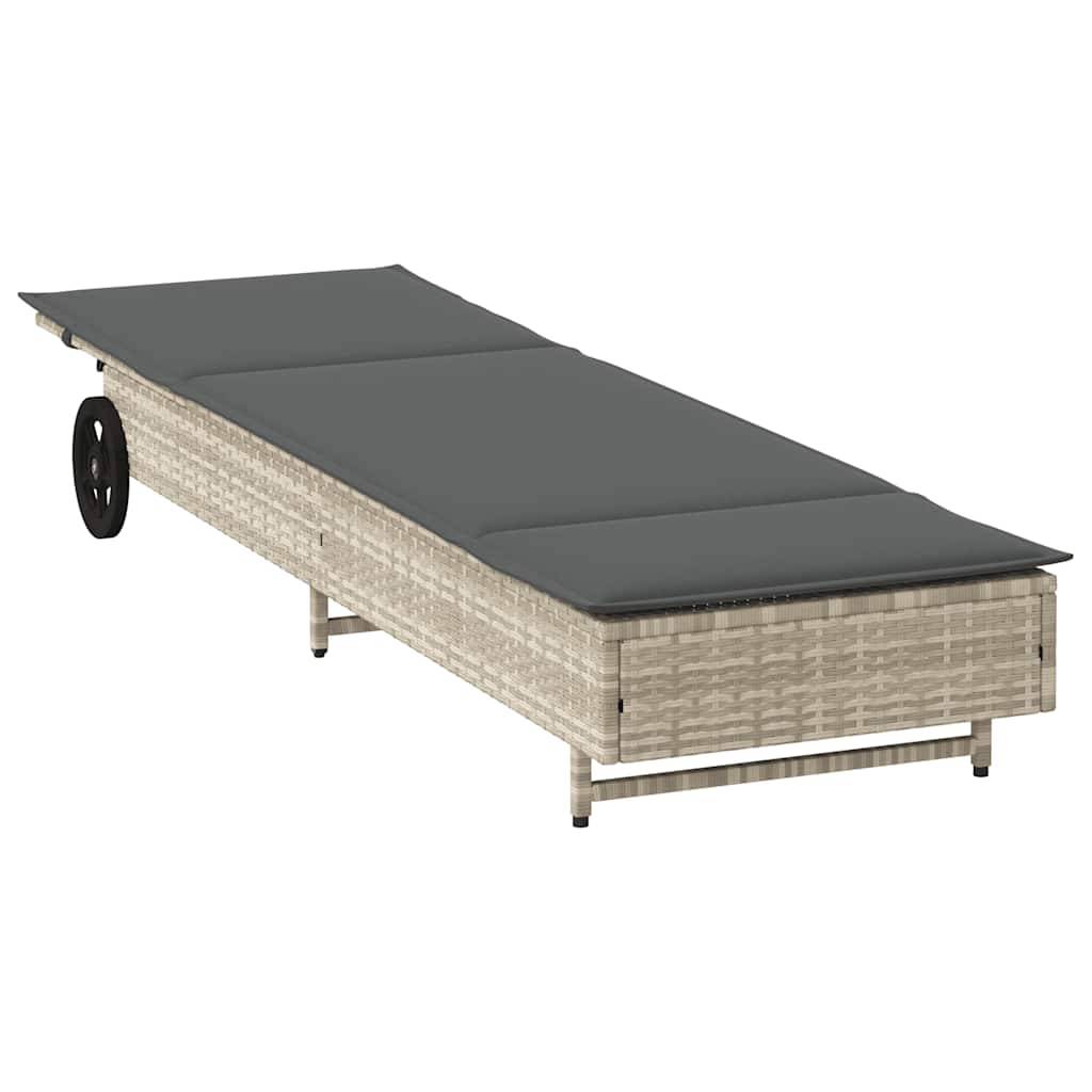 vidaXL Sonnenliege mit Rollen und Auflage Hellgrau Poly Rattan