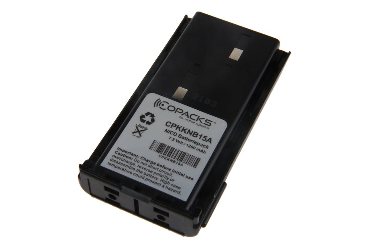 Ein schwarzes Copacks CPKKNB15A NiCd-Akkupack mit einer Kennzeichnung, die 7,2 Volt und eine Kapazität von 1200 mAh anzeigt.