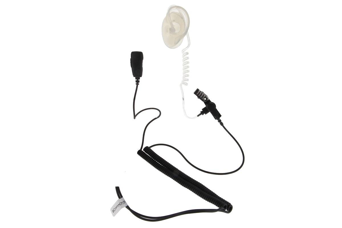 Ein Ohrstöpsel mit einer spiralförmigen akustischen Röhre und einer Klammer, entwickelt für diskrete Kommunikation, häufig bei Sicherheits- oder Überwachungseinsätzen verwendet.