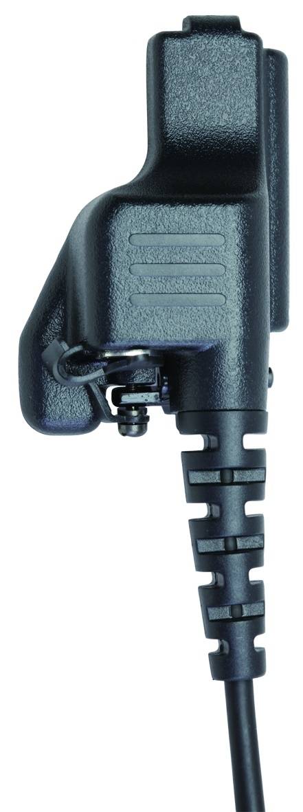 Nahaufnahme eines schwarzen, strukturierten mechanischen Steckers mit einem segmentierten flexiblen Kabel.