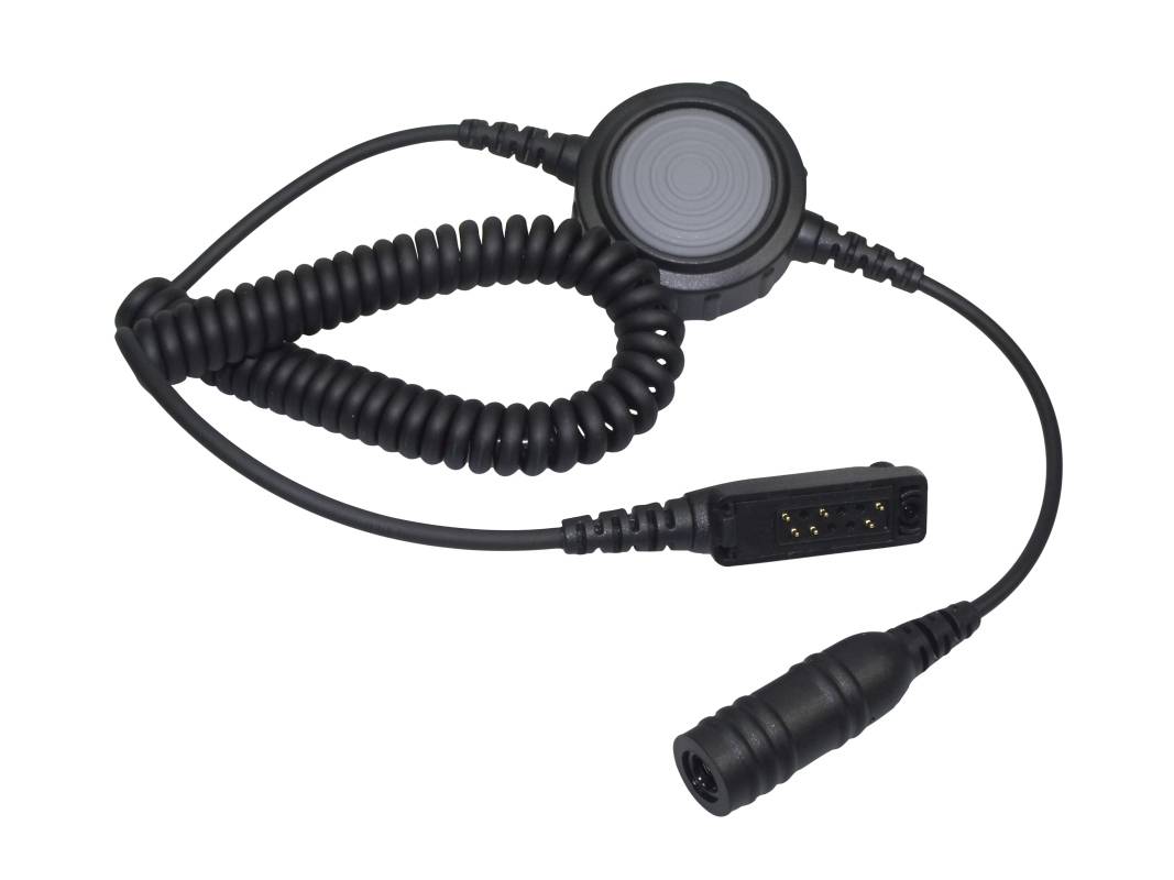 Ein aufgerolltes Funk-Mikrofon-Kabel mit Steckverbindern an beiden Enden, einschließlich einer runden Drucktaste zum Sprechen.