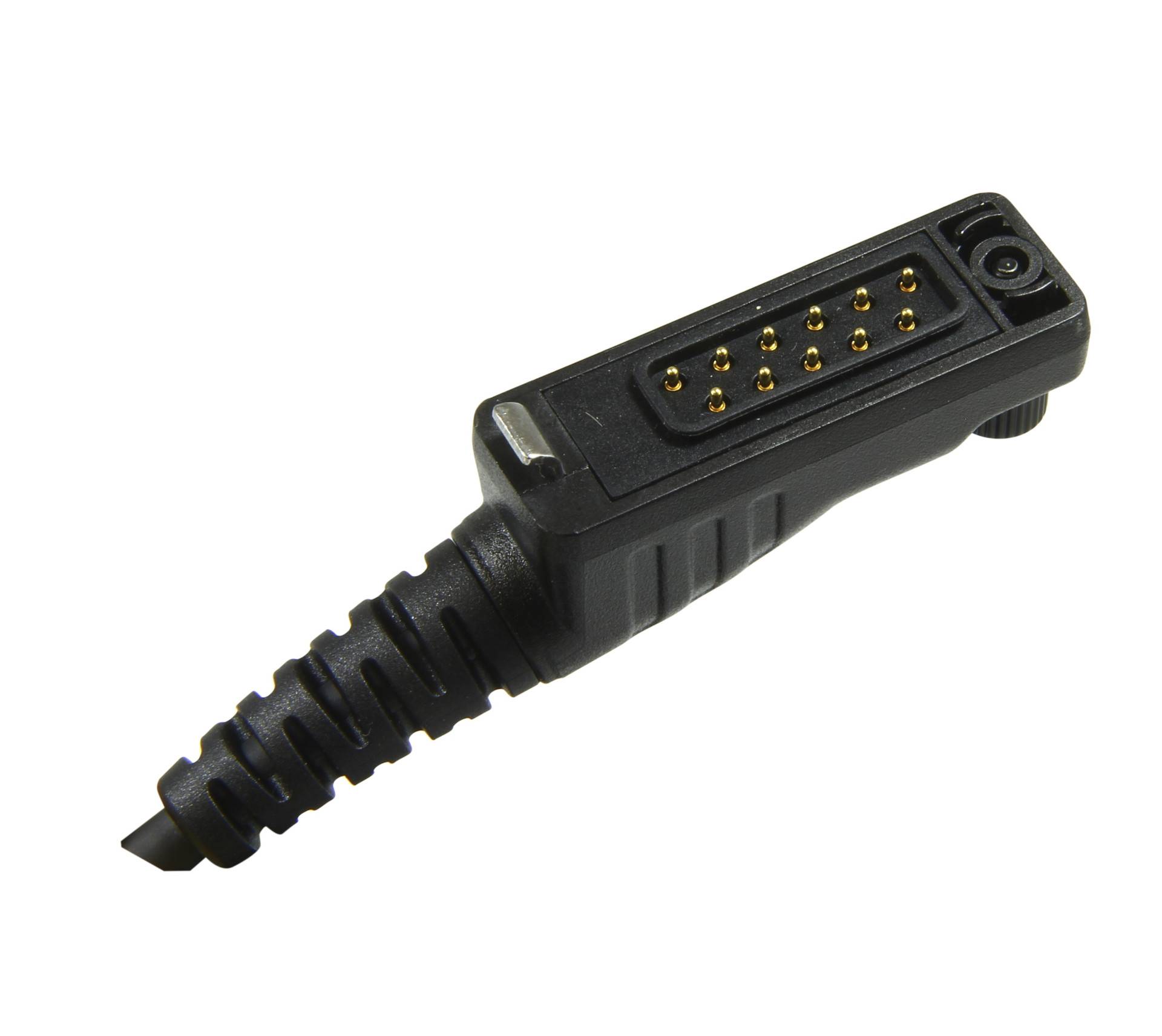Ein schwarzer, rechteckiger elektrischer Stecker mit mehreren vergoldeten Kontakten und einer gerippten Zugentlastung.