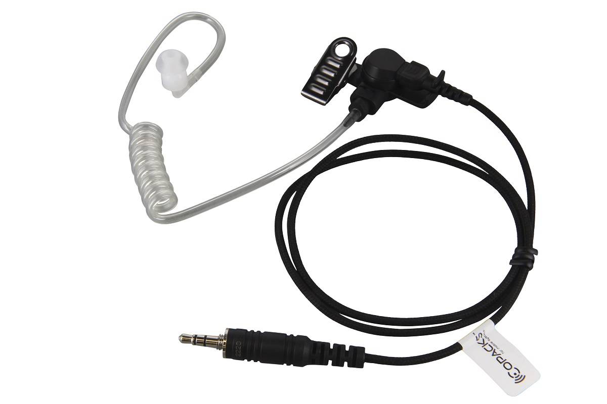 Ein Ohrhörer mit einer aufgewickelten transparenten Röhre und einem einzelnen Ohrstöpsel, verbunden mit einer 3,5-mm-Audiobuchse, häufig für diskrete Abhörvorgänge verwendet.