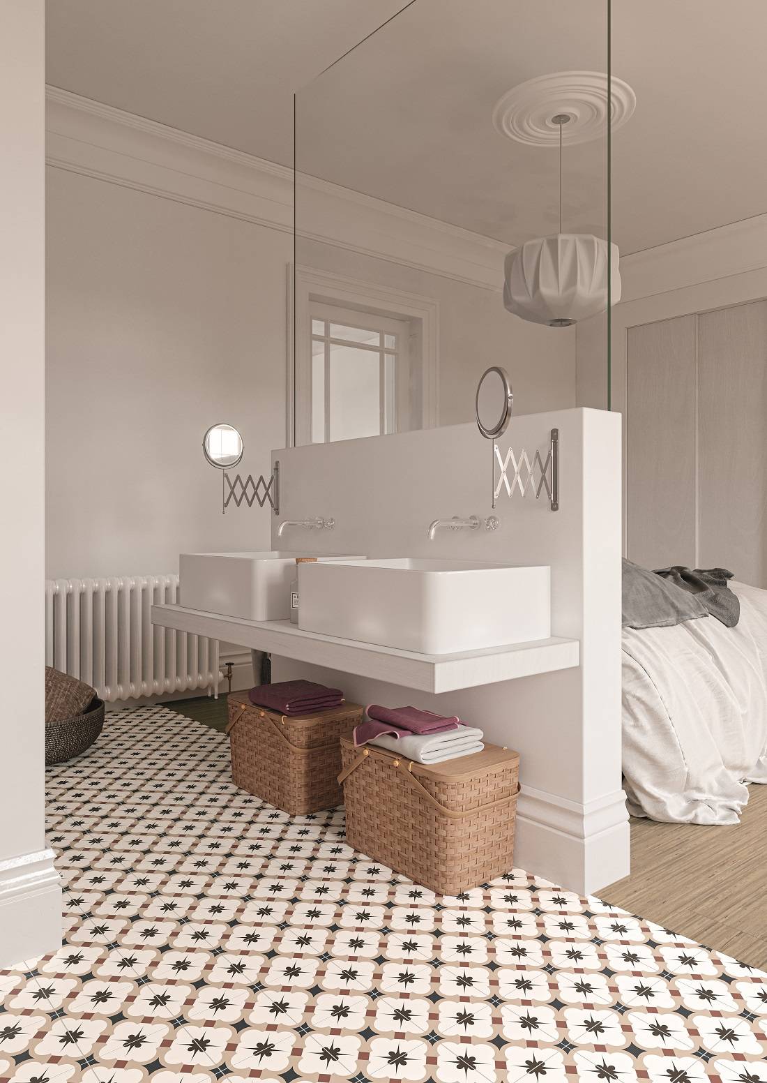 Helles Badezimmer mit hängenden Doppelwaschbecken und weißen Waschbecken, Flechttkörben als Stauraum darunter, gemustertem Fliesenboden und einem daneben sichtbaren Bett.