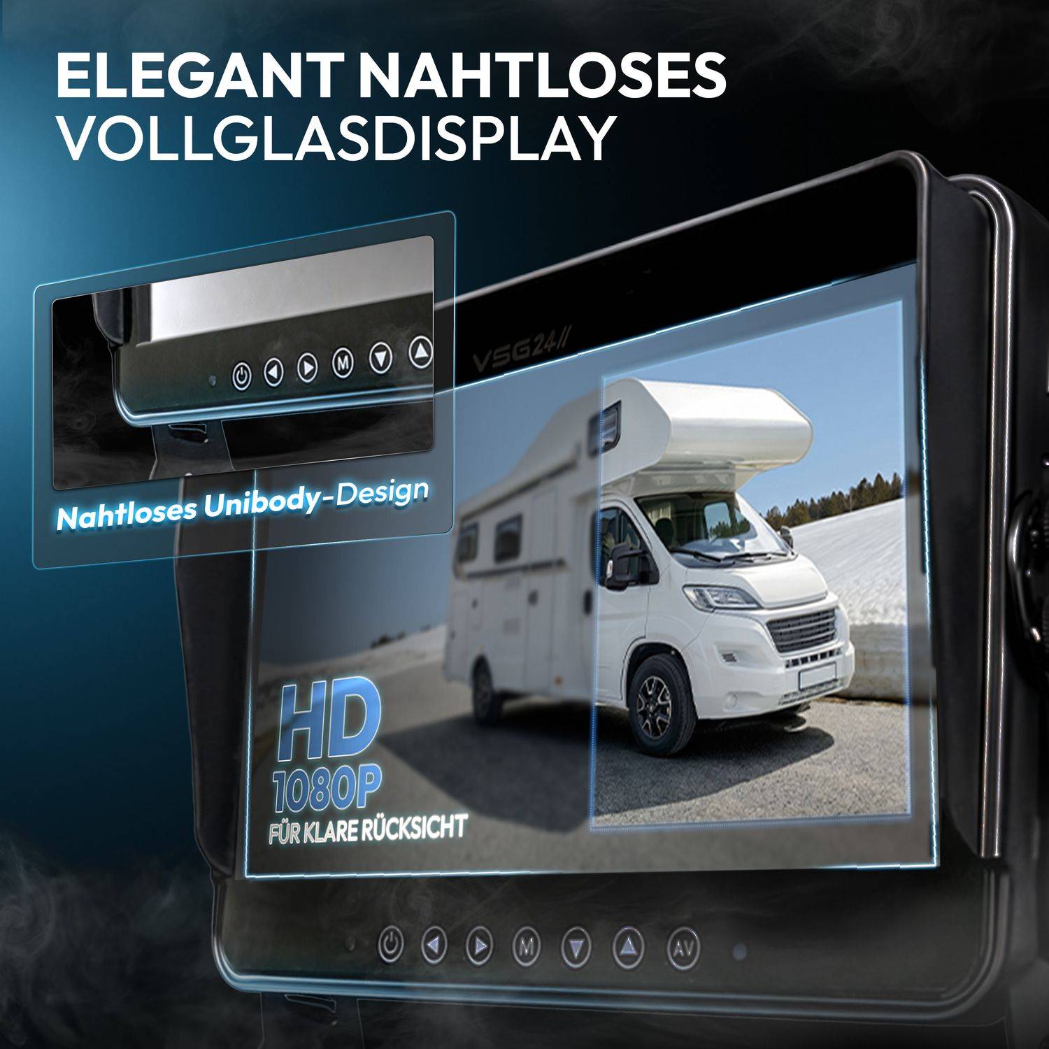 Werbebild eines nahtlosen Glaskombianzeige-Panels, das einen Wohnmobil-Kamerafeed zeigt, mit der Bezeichnung 