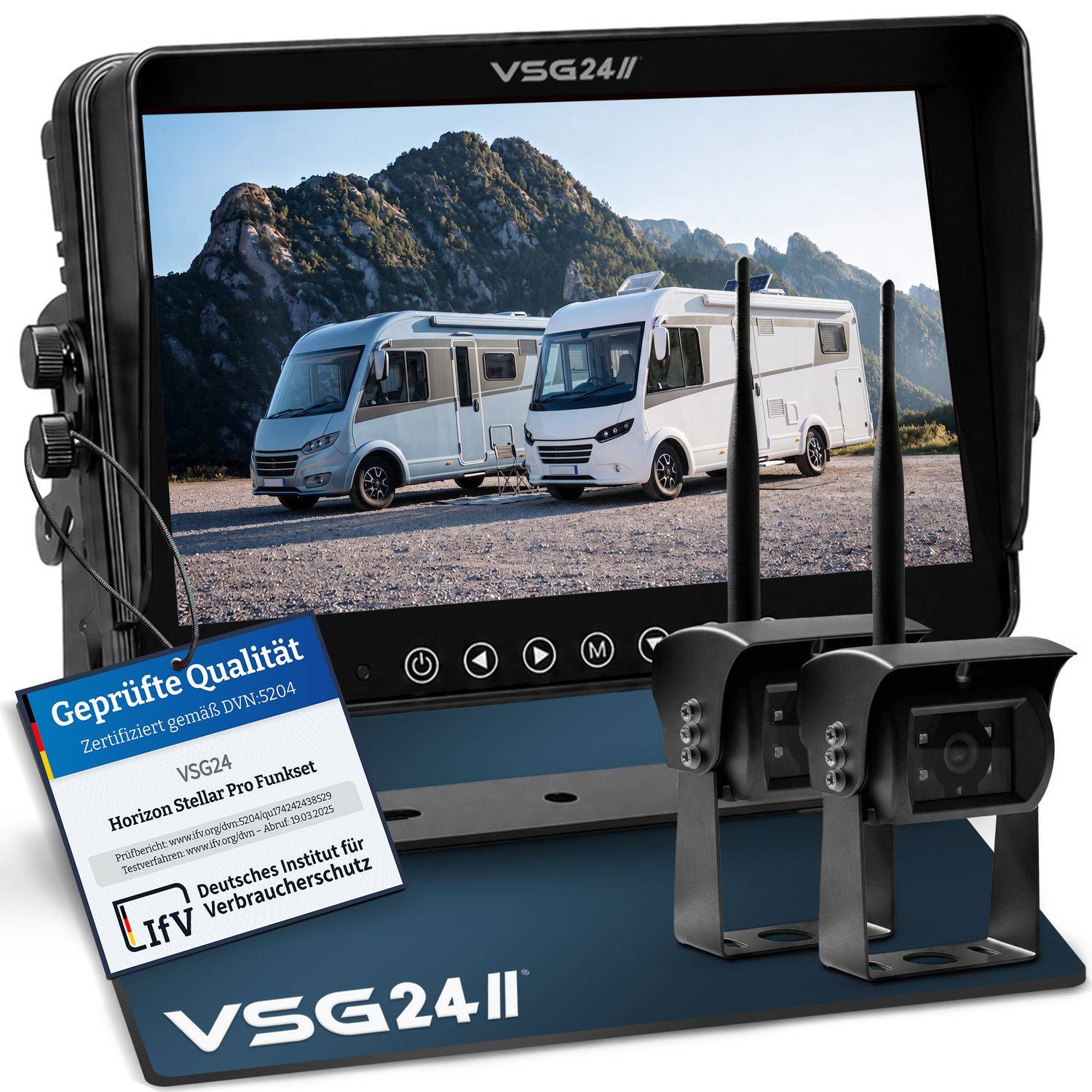 Kabelloses Rückfahrkamerasystem mit Monitor zeigt zwei Wohnmobile, plus zwei Kameraeinheiten mit Antenne und eine Zertifizierungskarte „Geprüfte Qualität