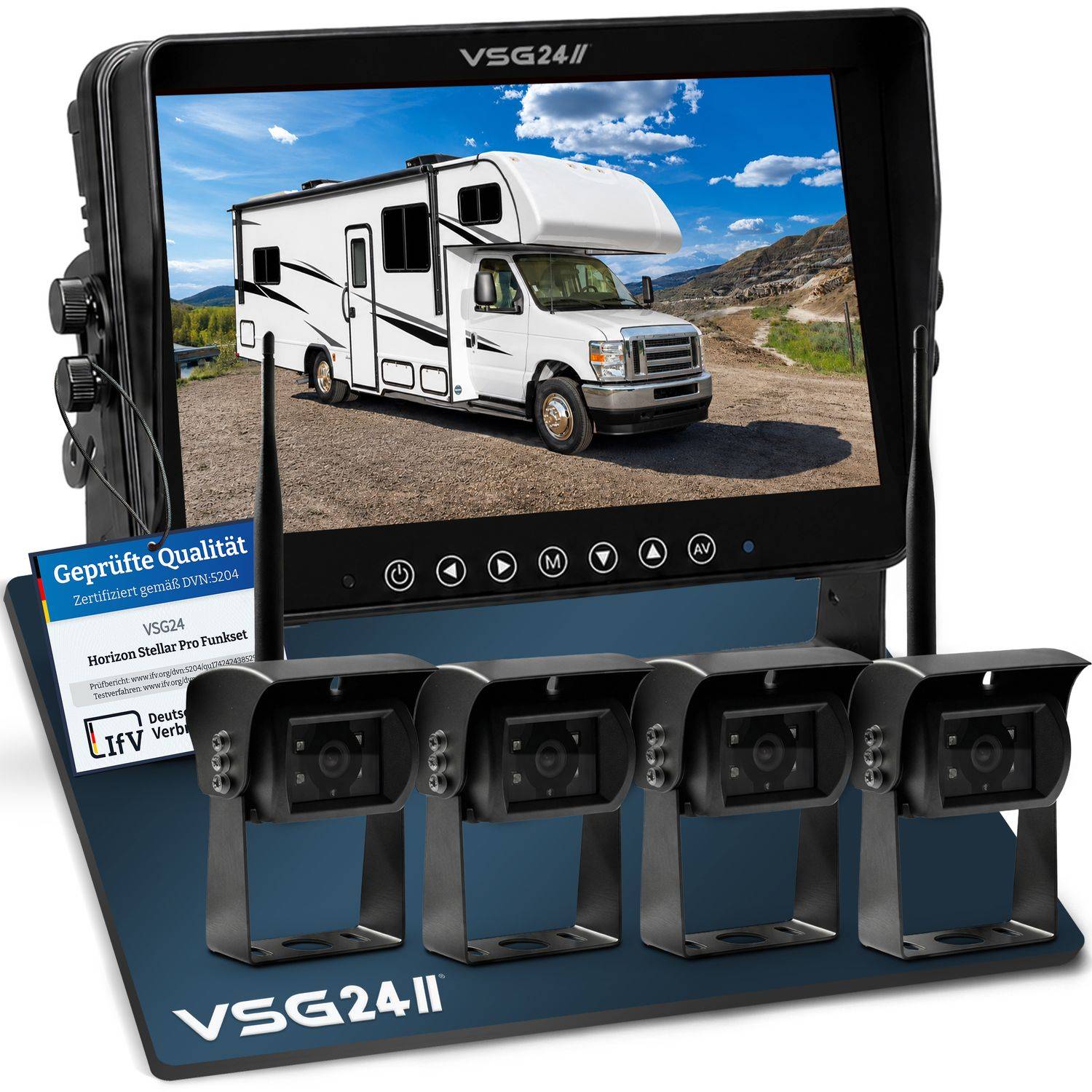 Ein Rückfahrkamera-System für ein Wohnmobil, das einen Monitor mit einem Bild eines Truck-Campers und vier schwarze Kameraeinheiten auf einer blauen Basis zeigt.