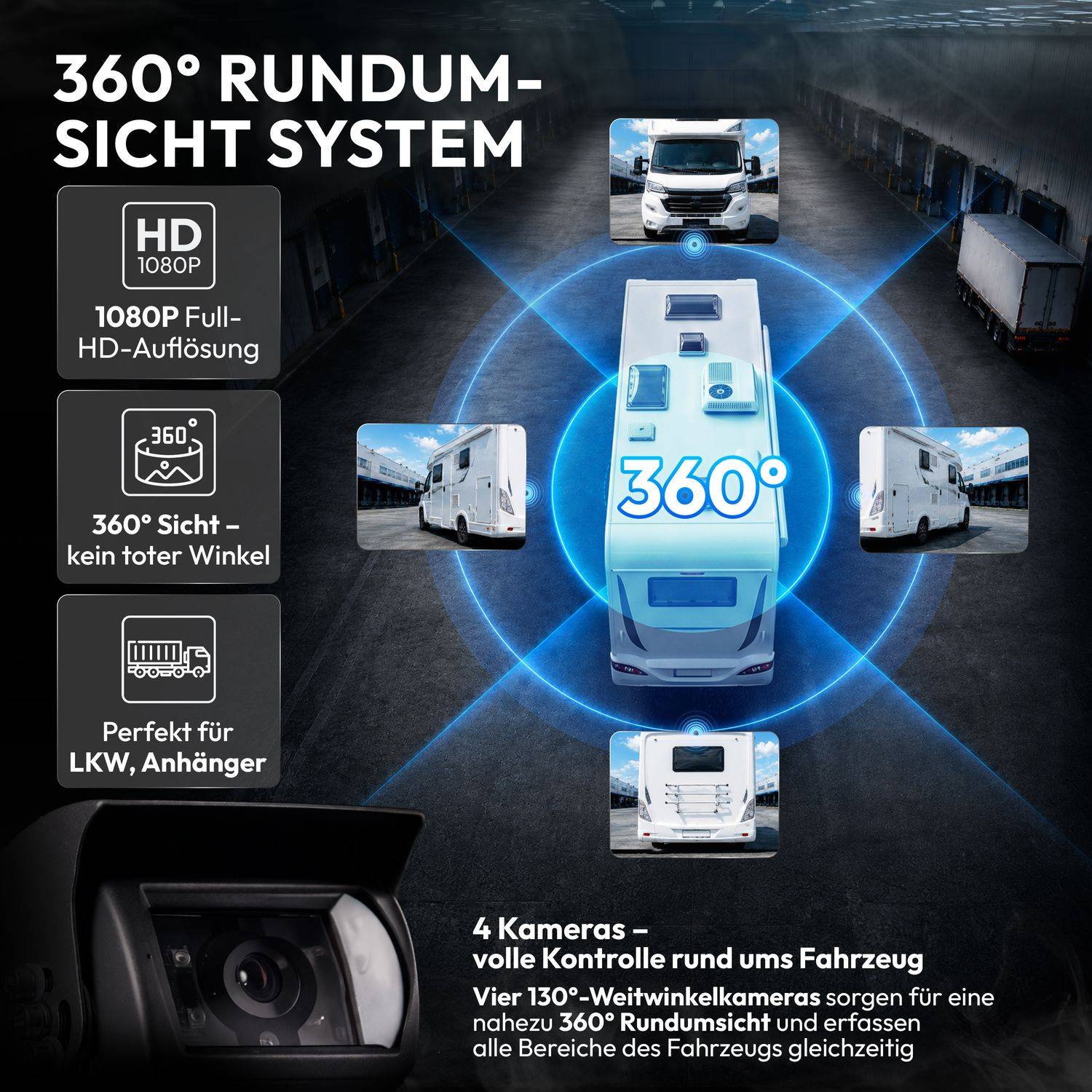 360°-Rundumsicht-System für Fahrzeuge: Vier Kameras bieten HD-1080p-Rundum-Sichtbarkeit ohne tote Winkel – ideal für Lastkraftwagen und Anhänger.