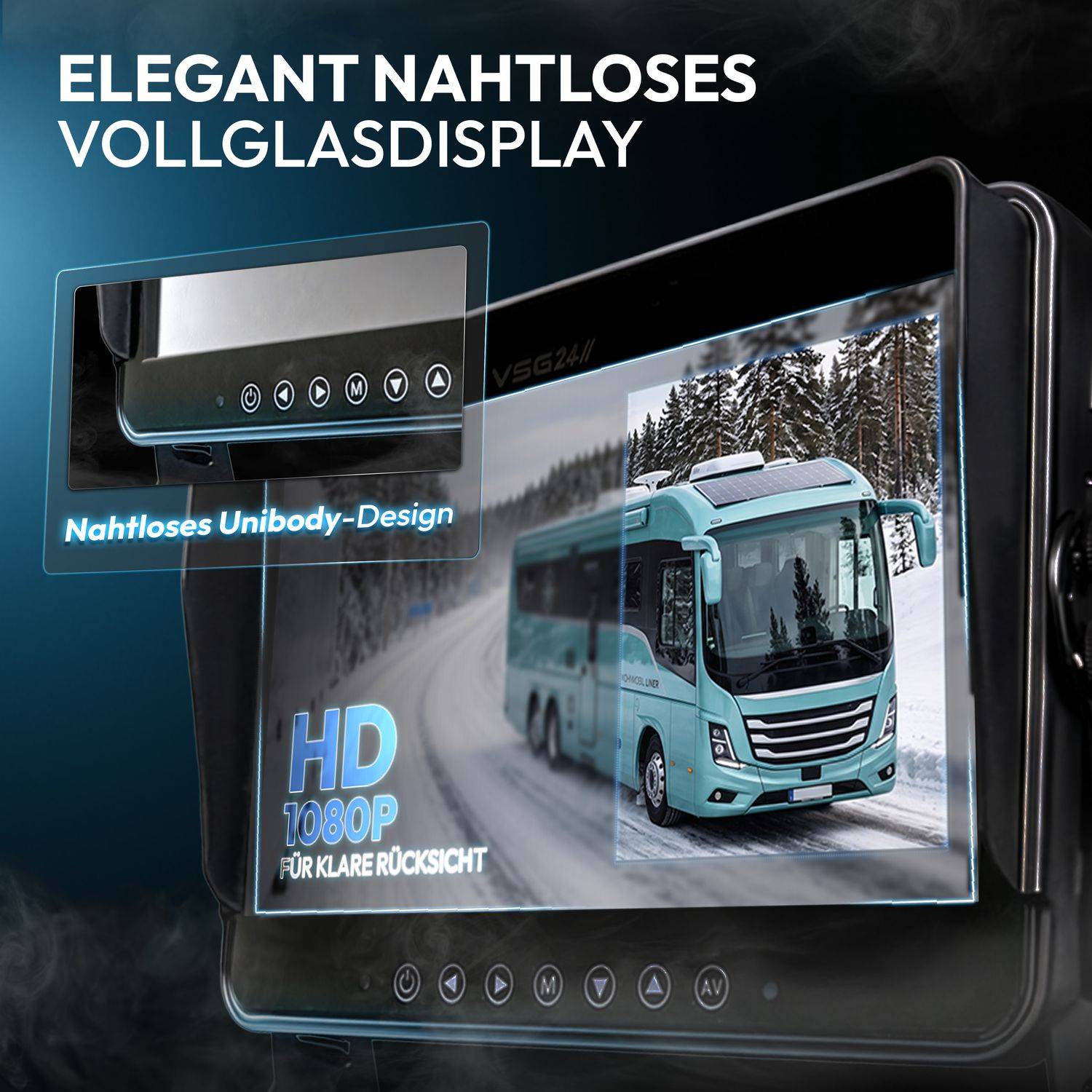 Werbebild eines Businnenbusmonitors mit einer nahtlosen Vollglasdisplay, gekennzeichnet mit „ELEGANT NAHTLOSES VOLLGASDISPLAY