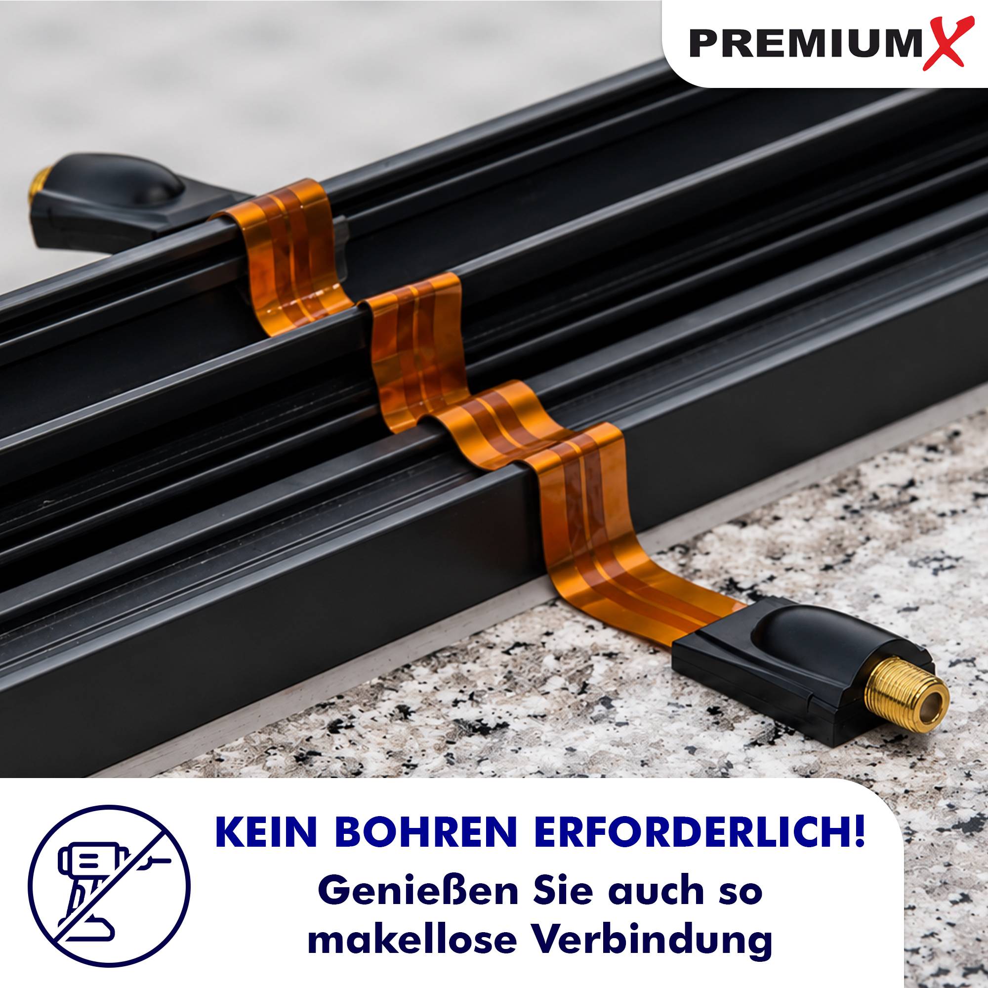 PremiumX-Kabelverbinder mit orangefarbenem Bandkabel auf einer schwarzen Schiene, beschriftet mit „KEIN BOHREN ERFORDERLICH!