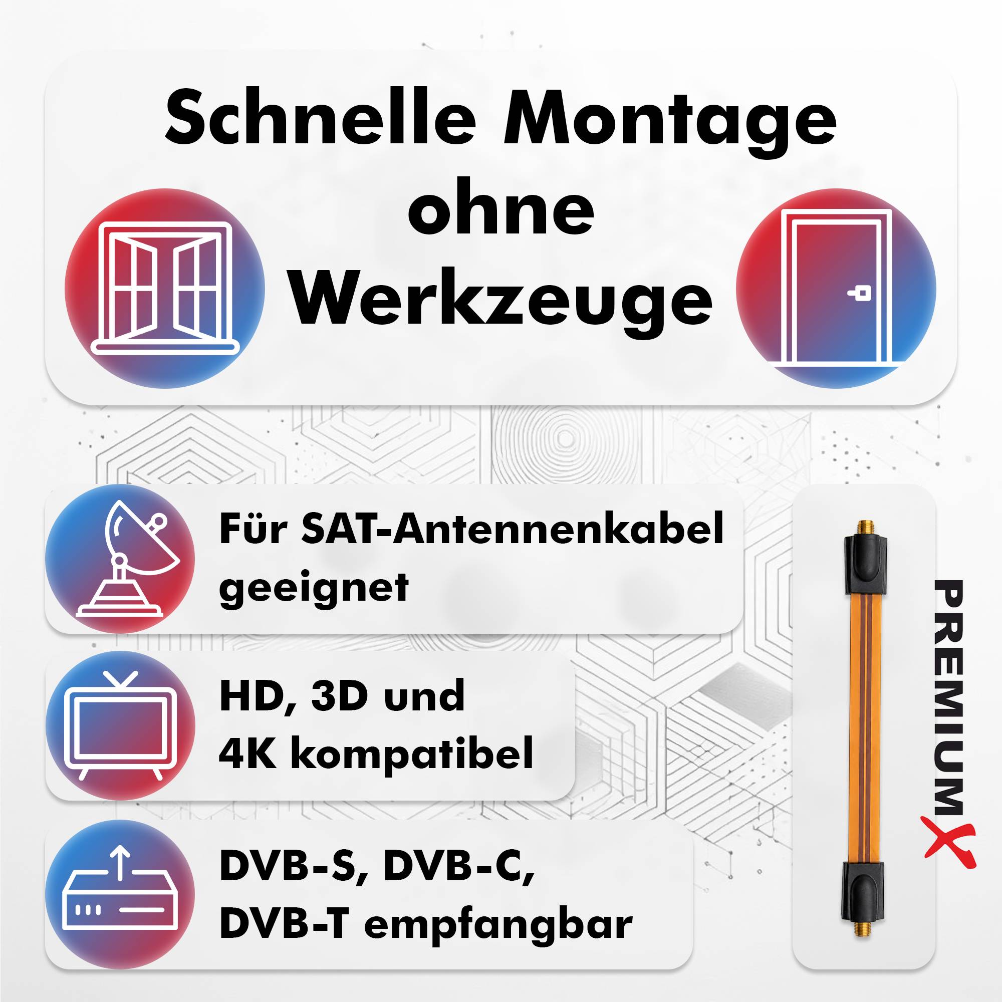 PremiumX Fensterdurchführung Flachkabel für Fenster und Türen extra flach SlimLine Kupplung SAT-Antennenkabel Durchführung 24 cm