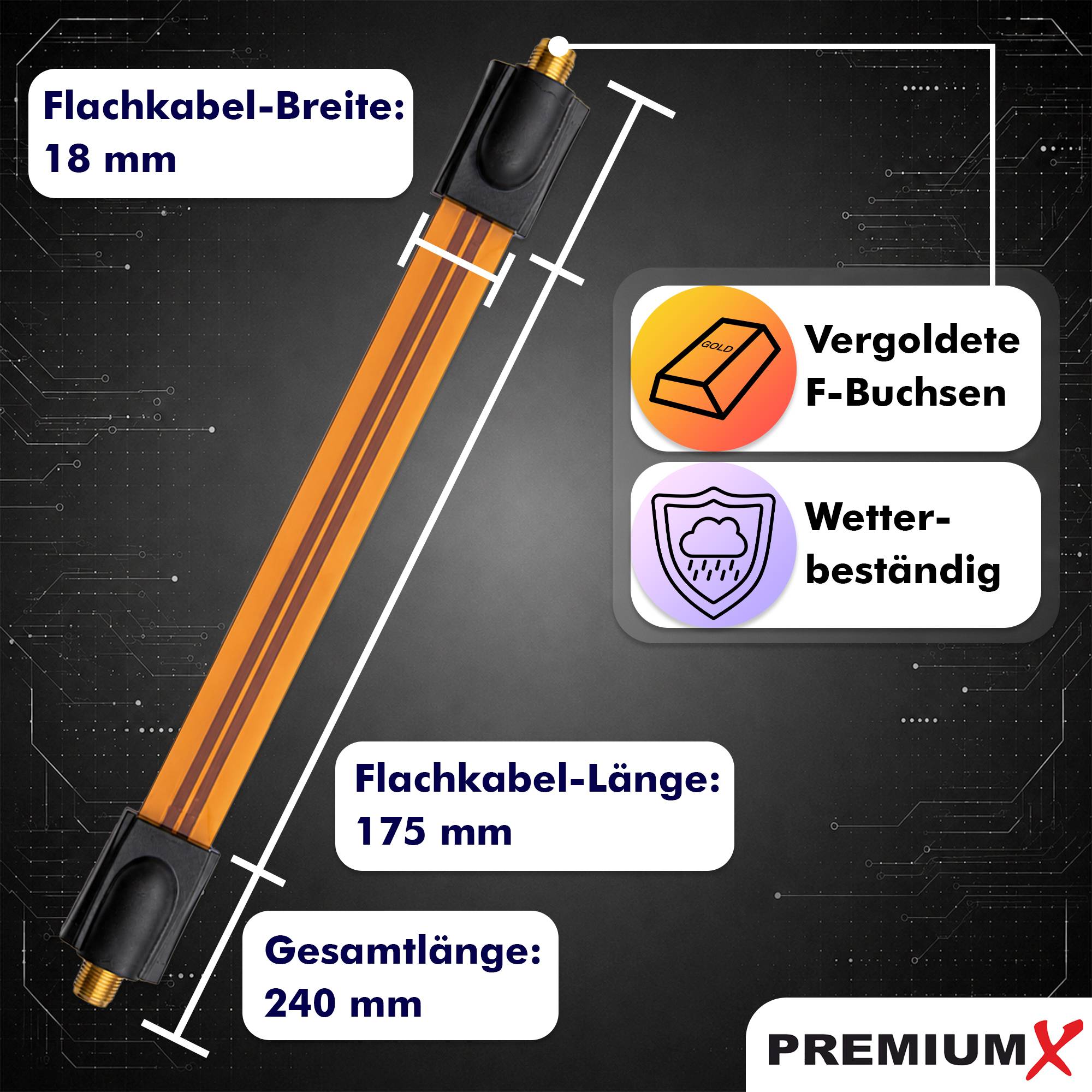 Diagramm eines Premium-Flachkabels mit einer Breite von 18 mm, Kabellänge von 175 mm, Gesamtlänge von 240 mm, mit vergoldeten F-Steckern und Witterungsbeständigkeit.