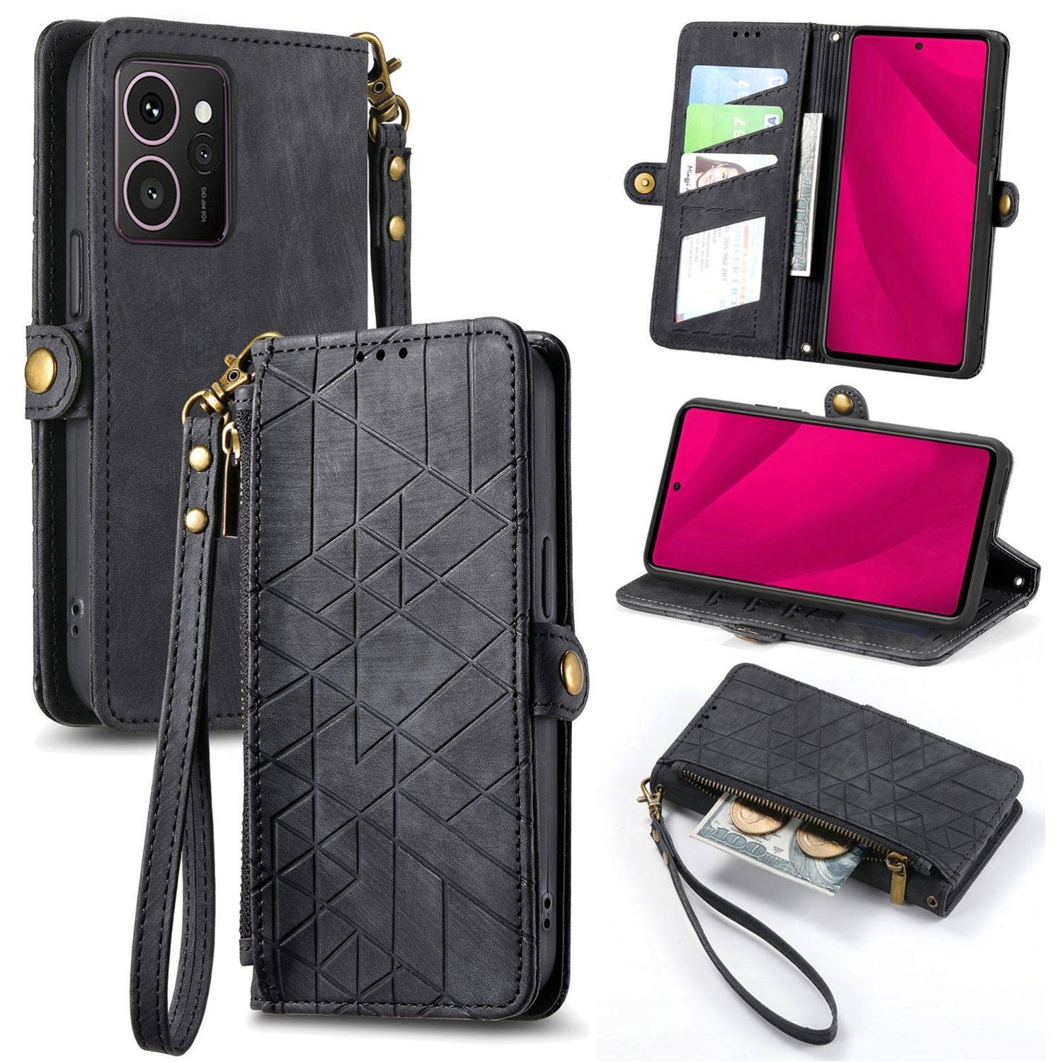 Für HMD Skyline Geometric Design Kunstleder Zipper Book Wallet Tasche mit Schlaufe Schwarz
