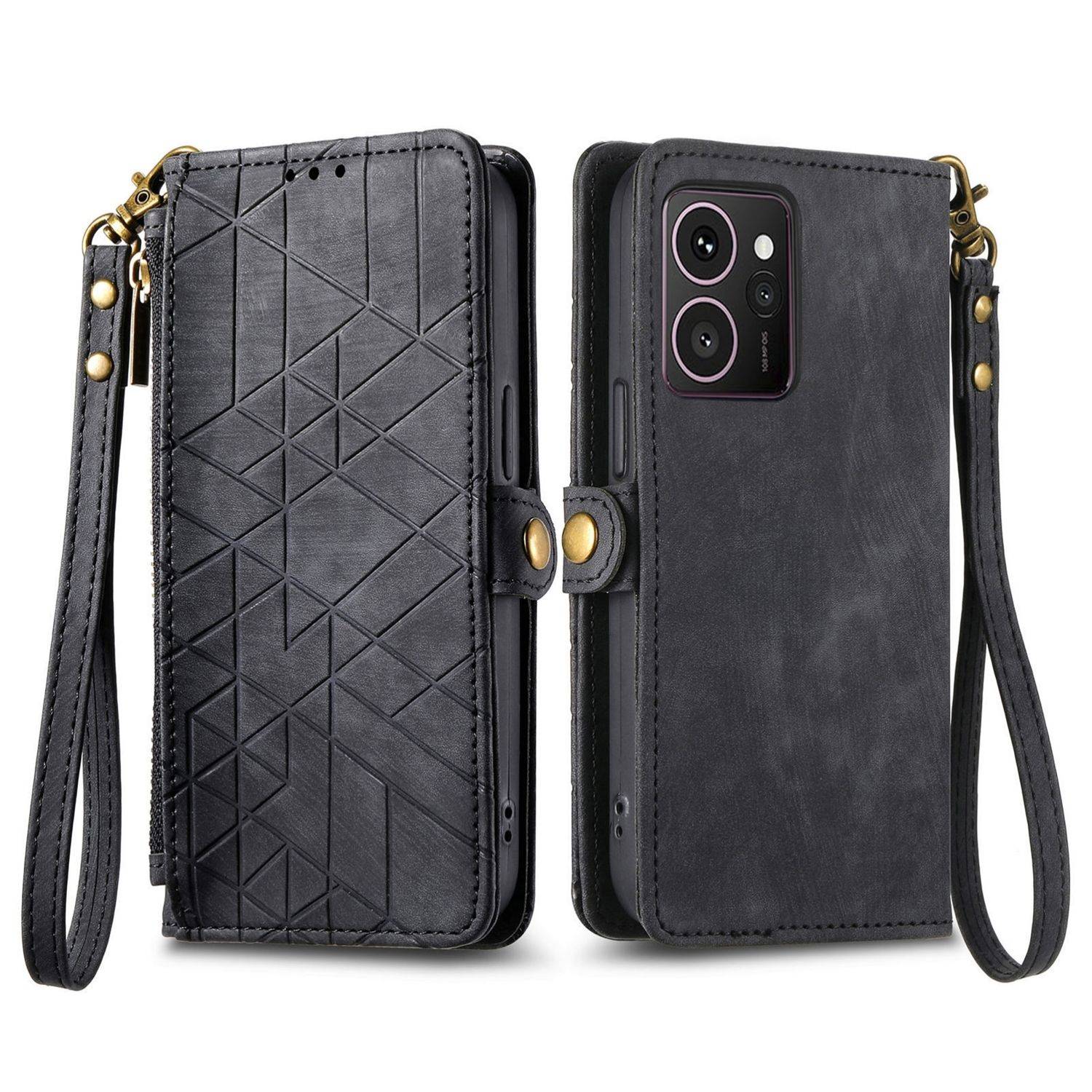 Für HMD Skyline Geometric Design Kunstleder Zipper Book Wallet Tasche mit Schlaufe Schwarz